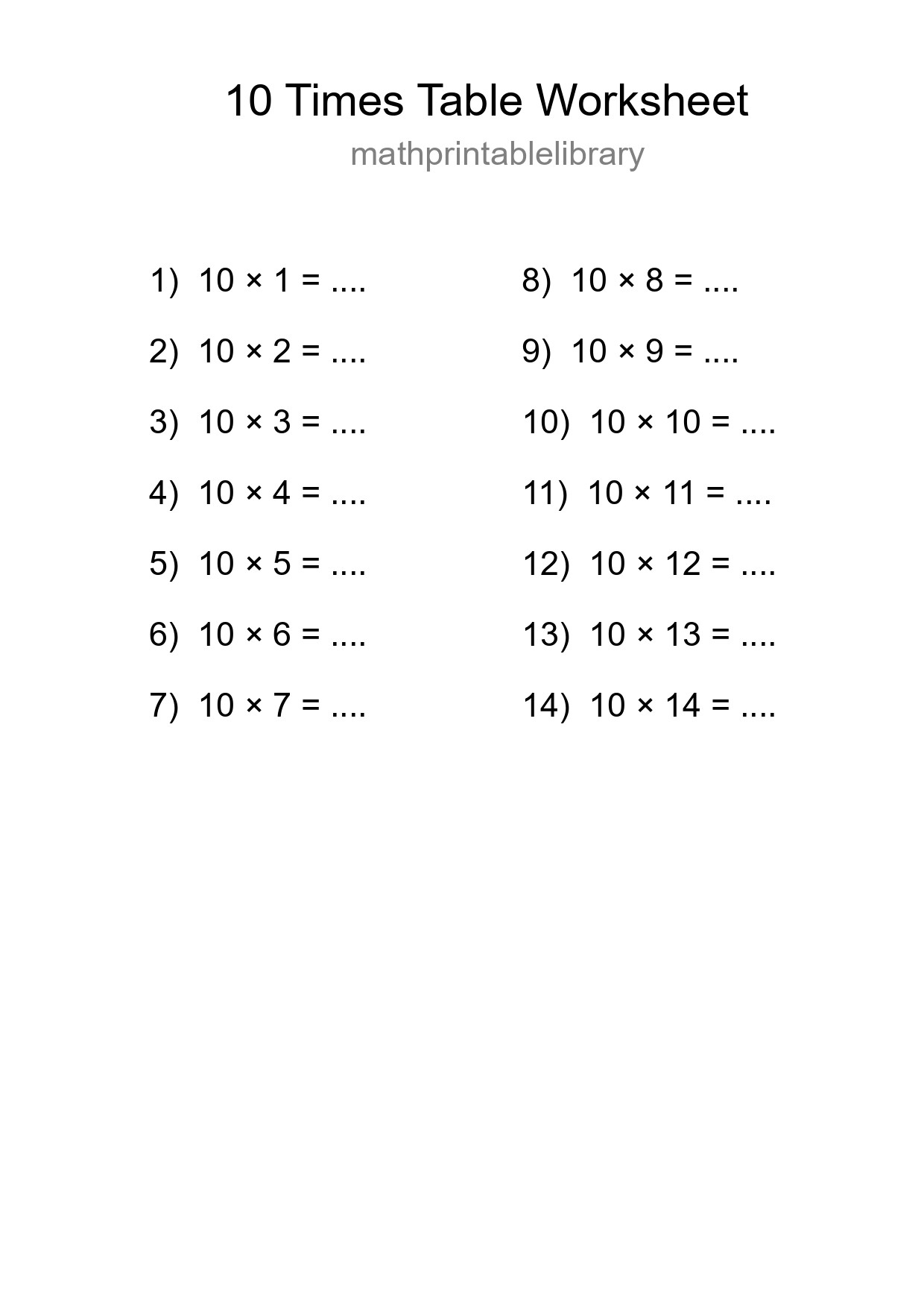 10 Times Table Worksheet For Grade 3 - Part 163