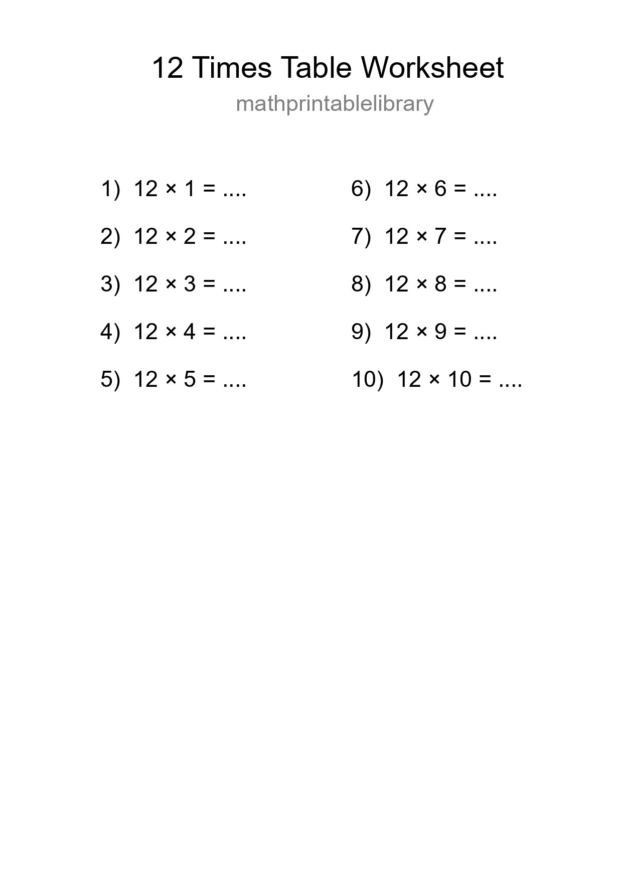12 Times Table Worksheet For Grade 4 - Part 284