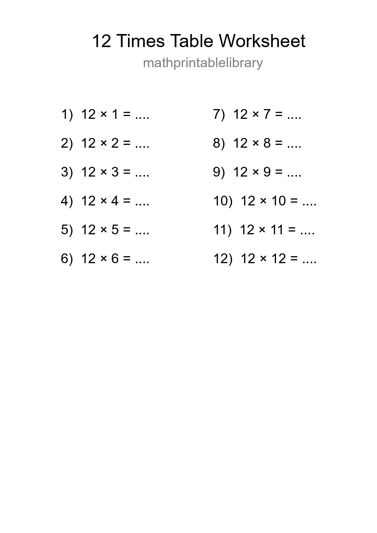12 Times Table Worksheet For Grade 4 - Part 86