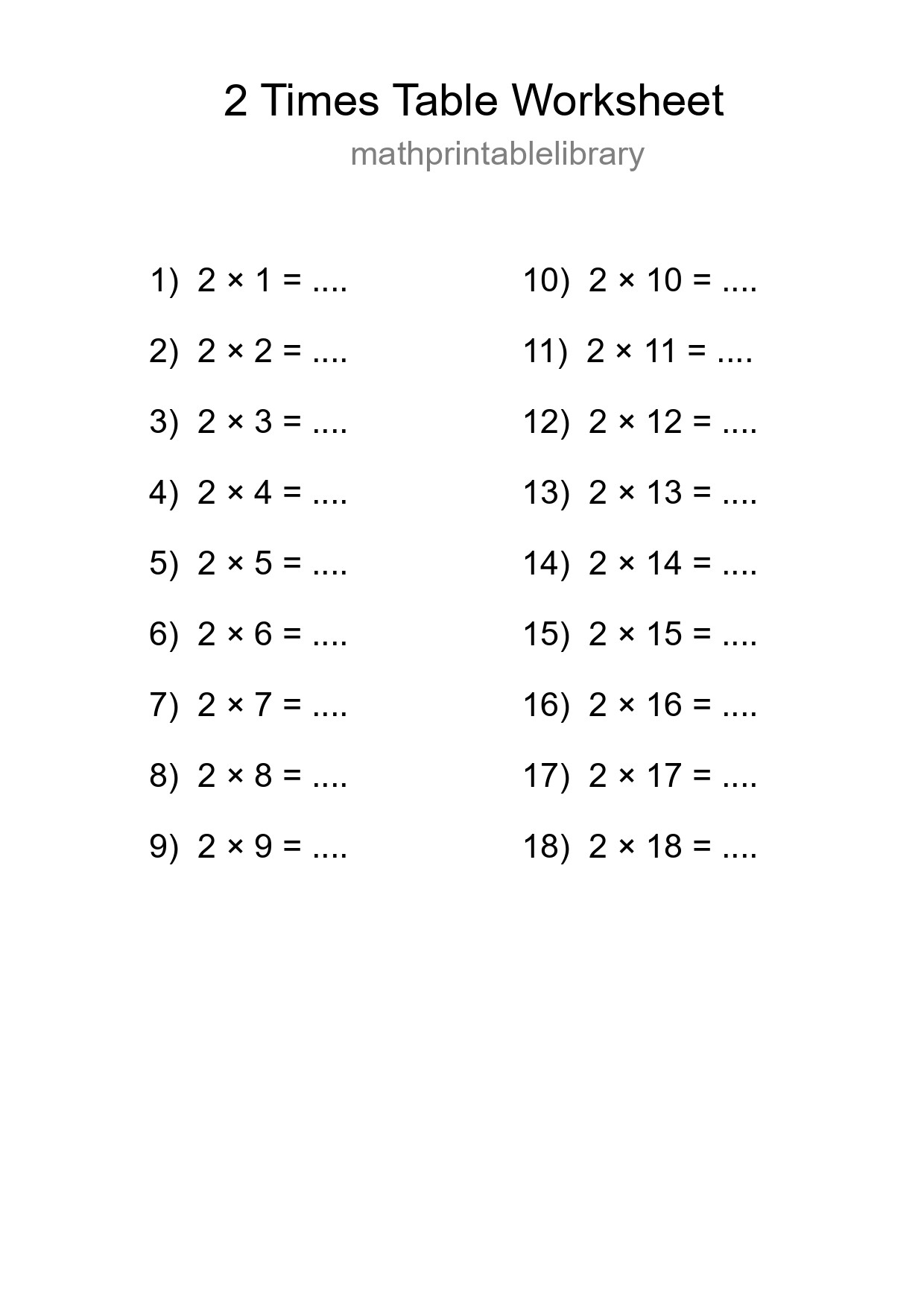 2 Times Table Worksheet For Grade 2 - Part 42