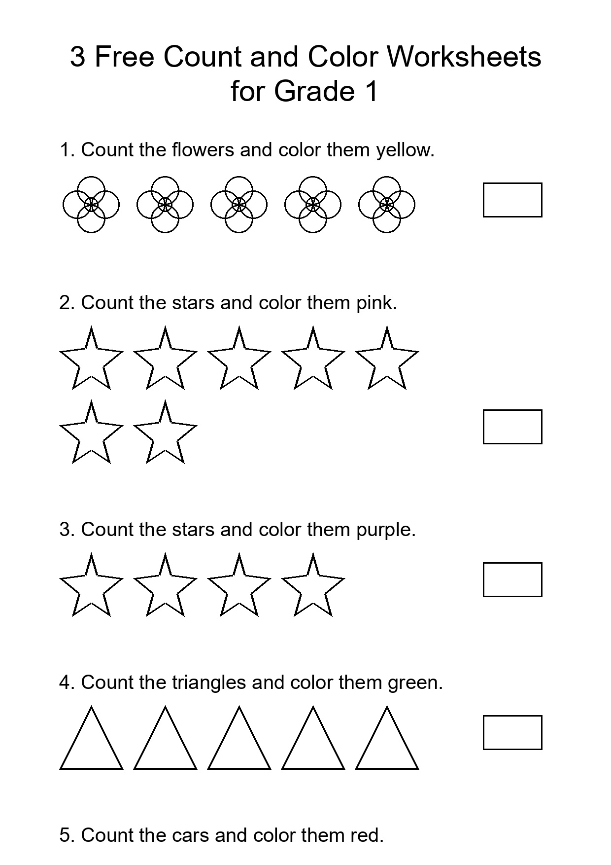 3 Free Count and Color Worksheets for Grade 1