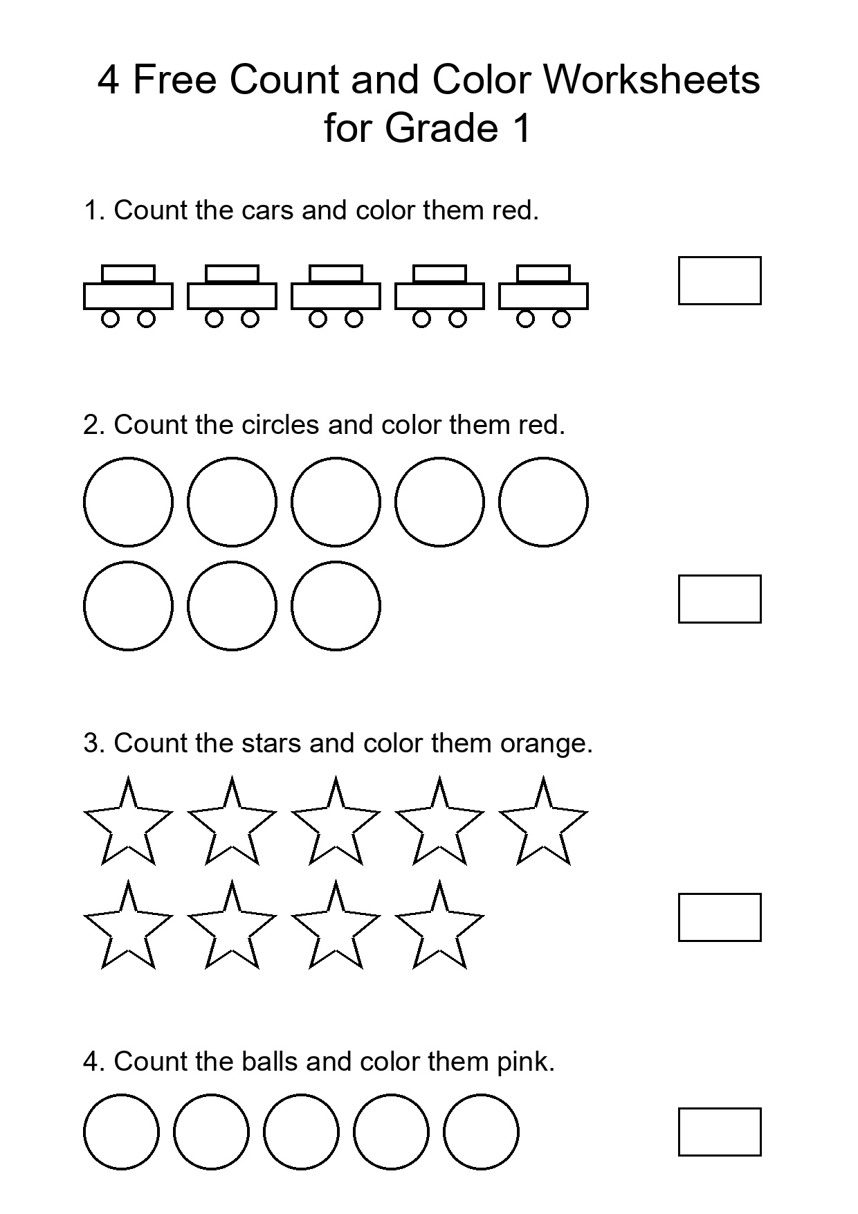 4 Free Count and Color Worksheets for Grade 1