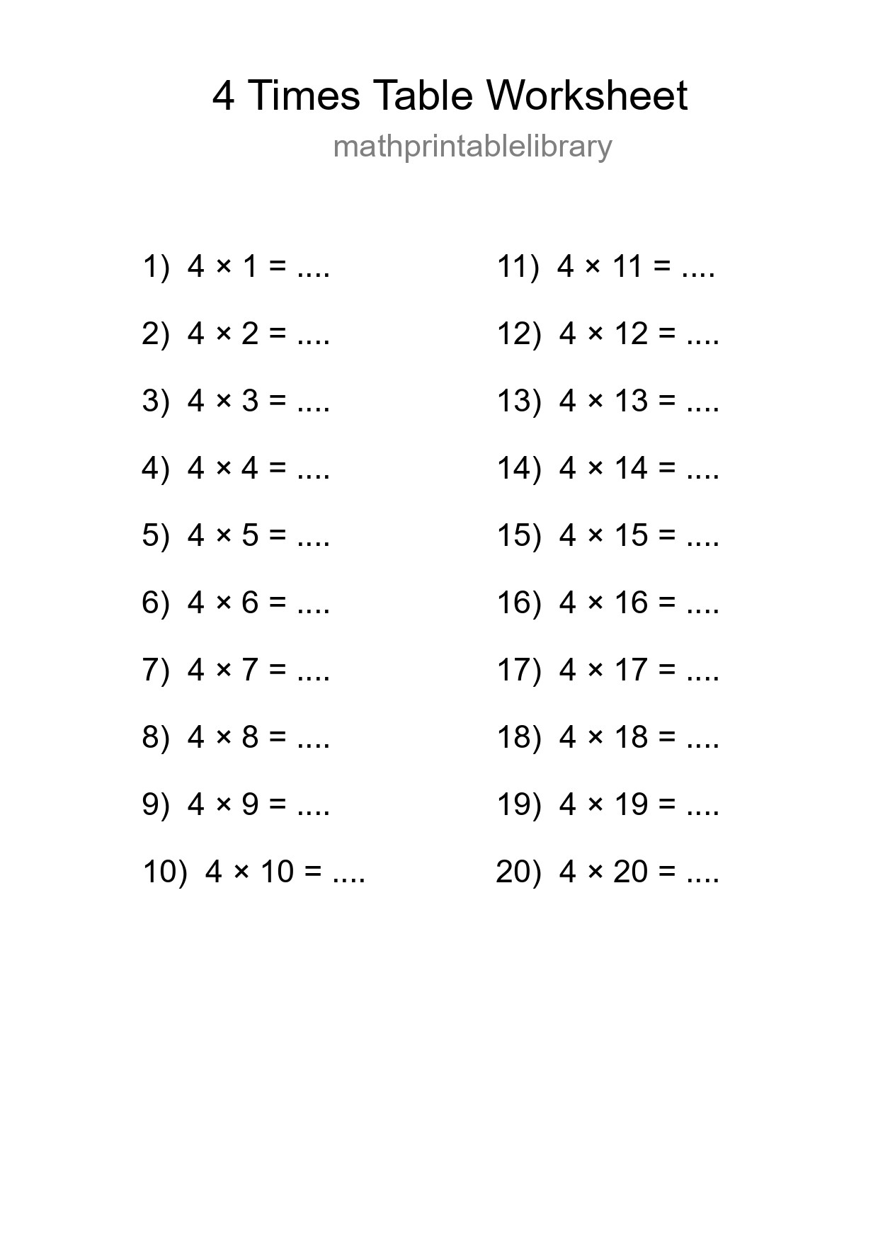 4 Times Table Worksheet For Grade 2 - Part 20
