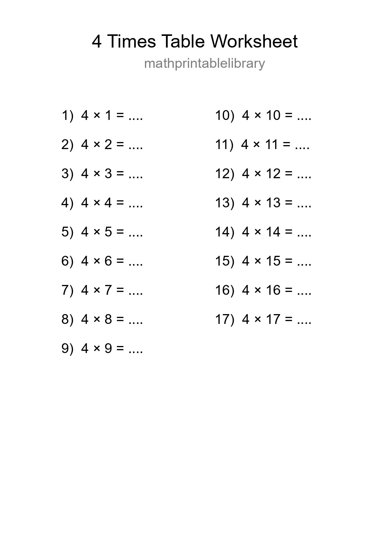 4 Times Table Worksheet For Grade 2 With Answers - Part 75