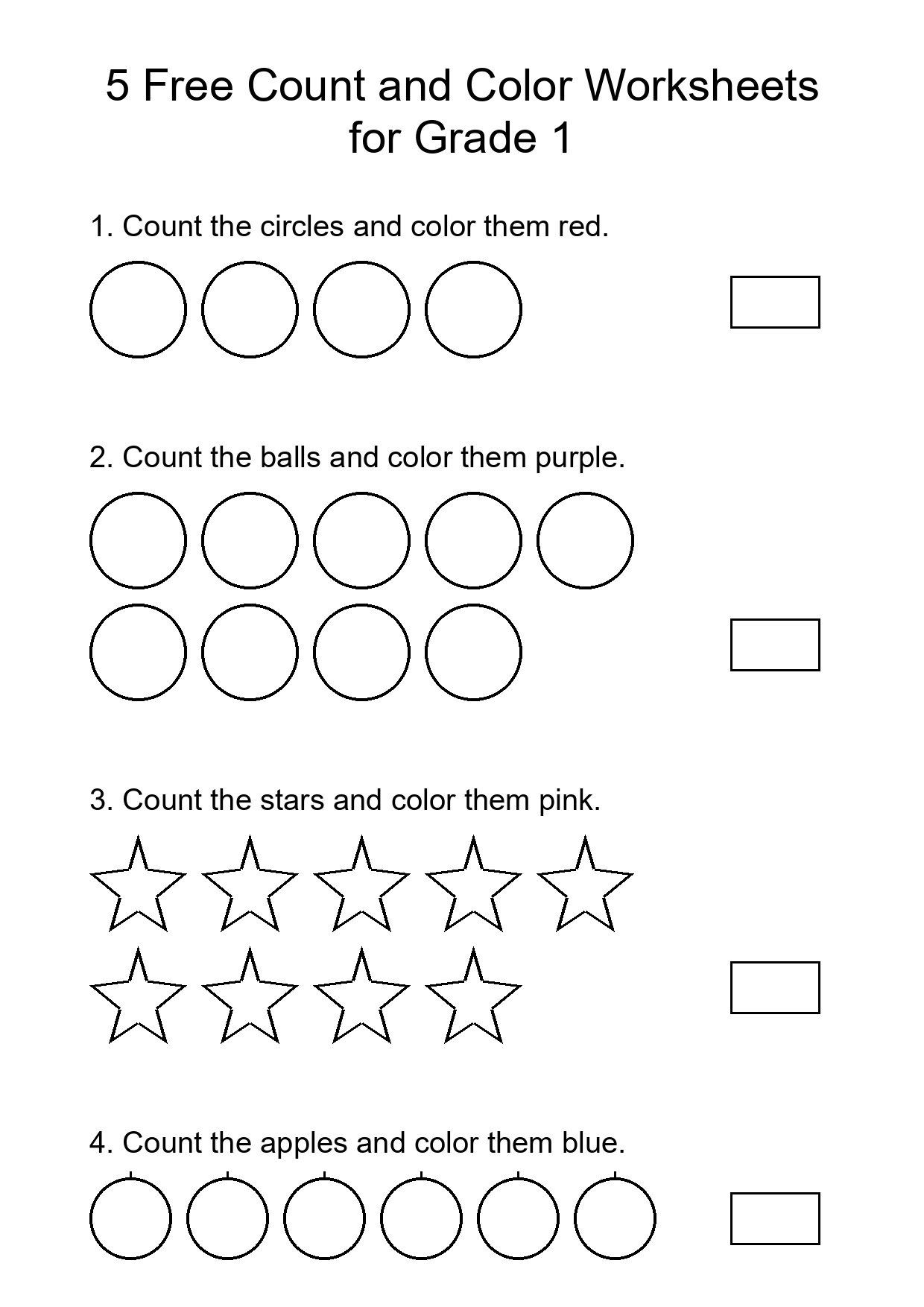 5 Free Count and Color Worksheets for Grade 1