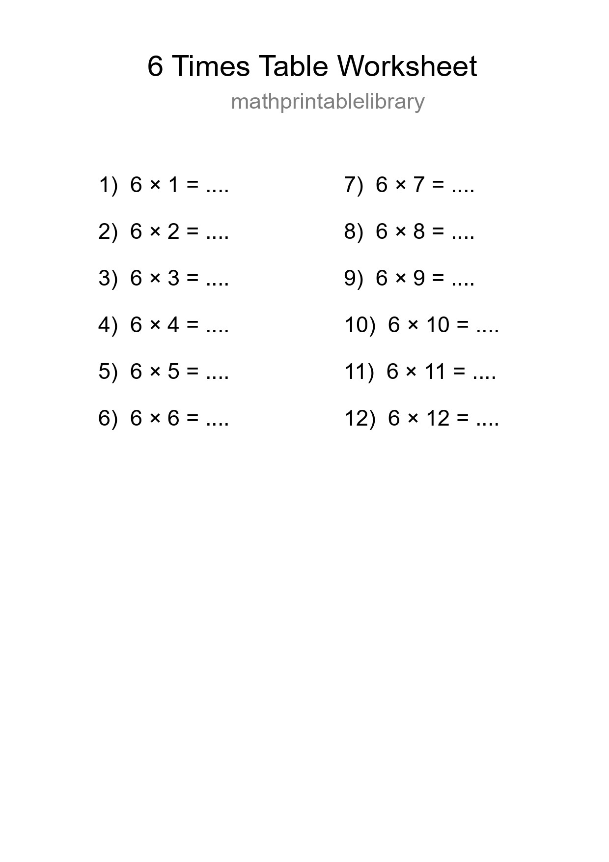 6 Times Table Worksheet For Grade 3 - Part 53
