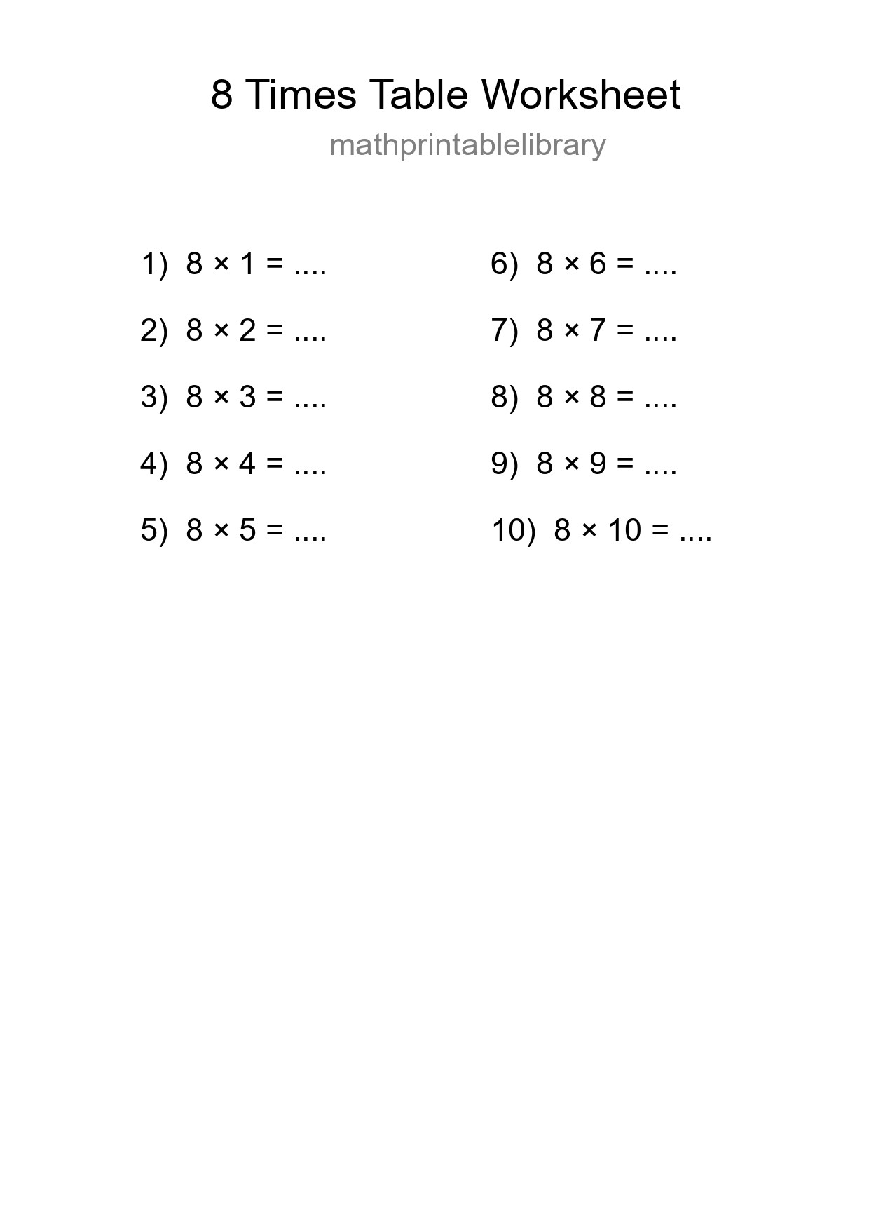 8 Times Table Worksheet For Grade 3 With Answers - Part 218