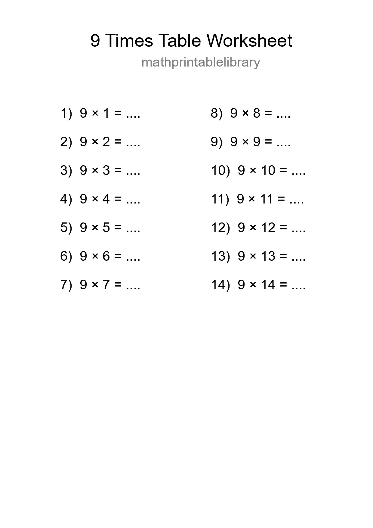 9 Times Table Worksheet For Grade 3 With Answers - Part 31