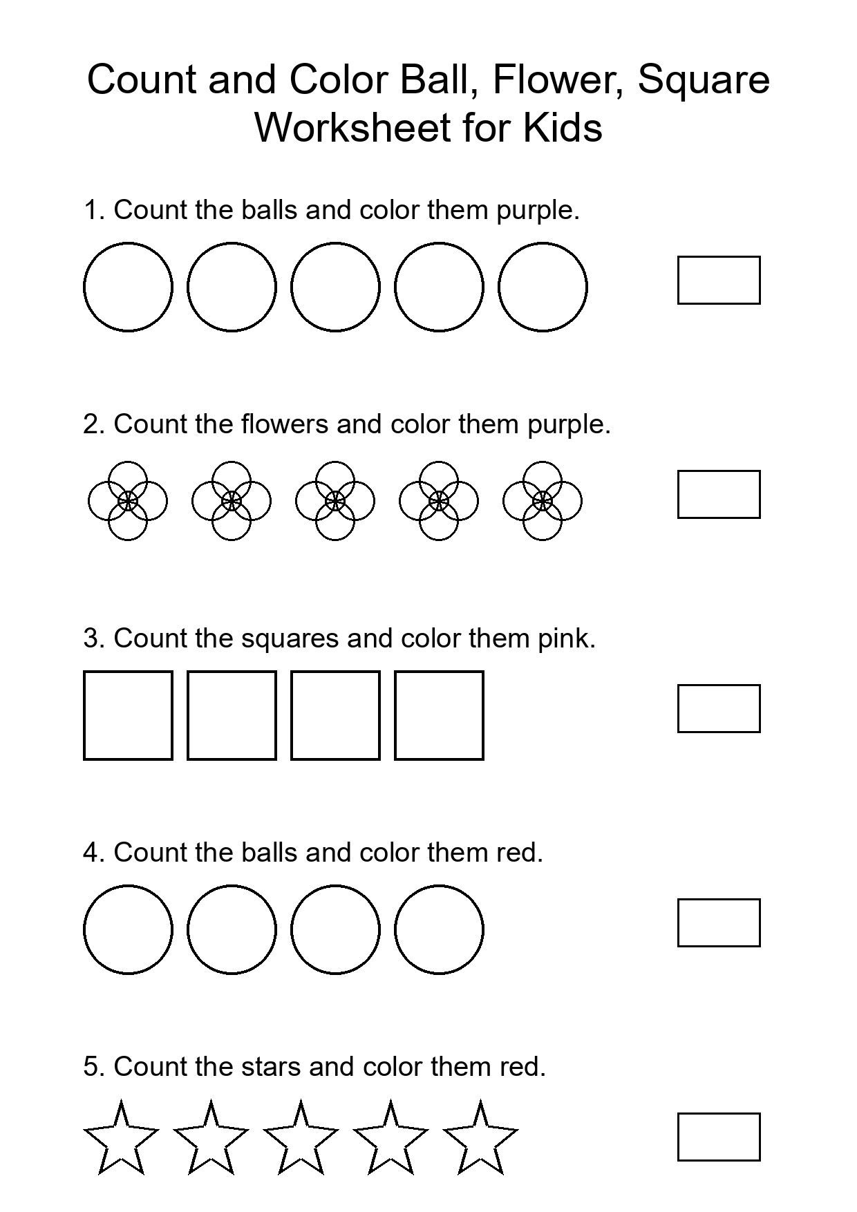 Count and Color Ball, Flower, Square Worksheet for Kids