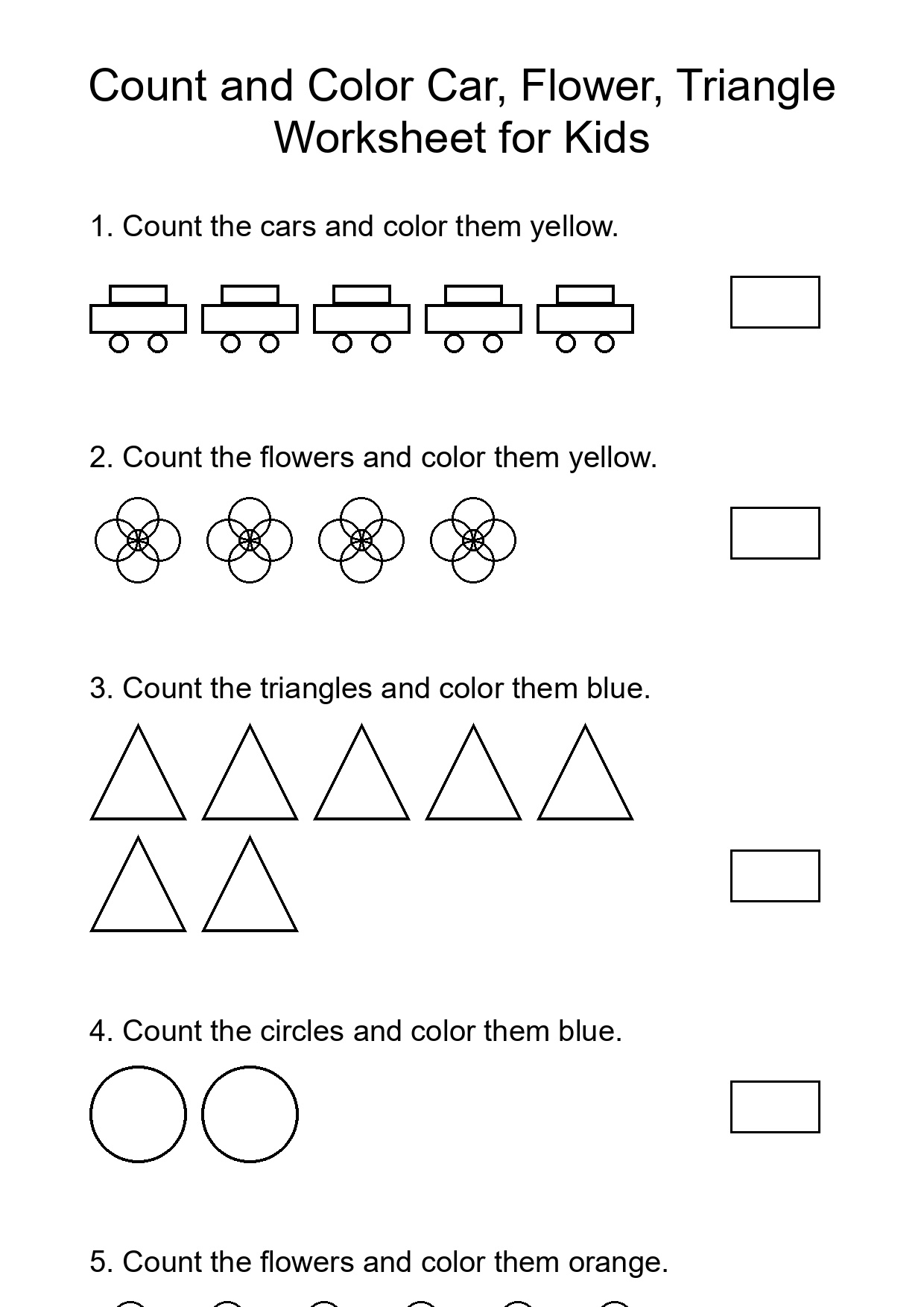 Count and Color Car, Flower, Triangle Worksheet for Kids