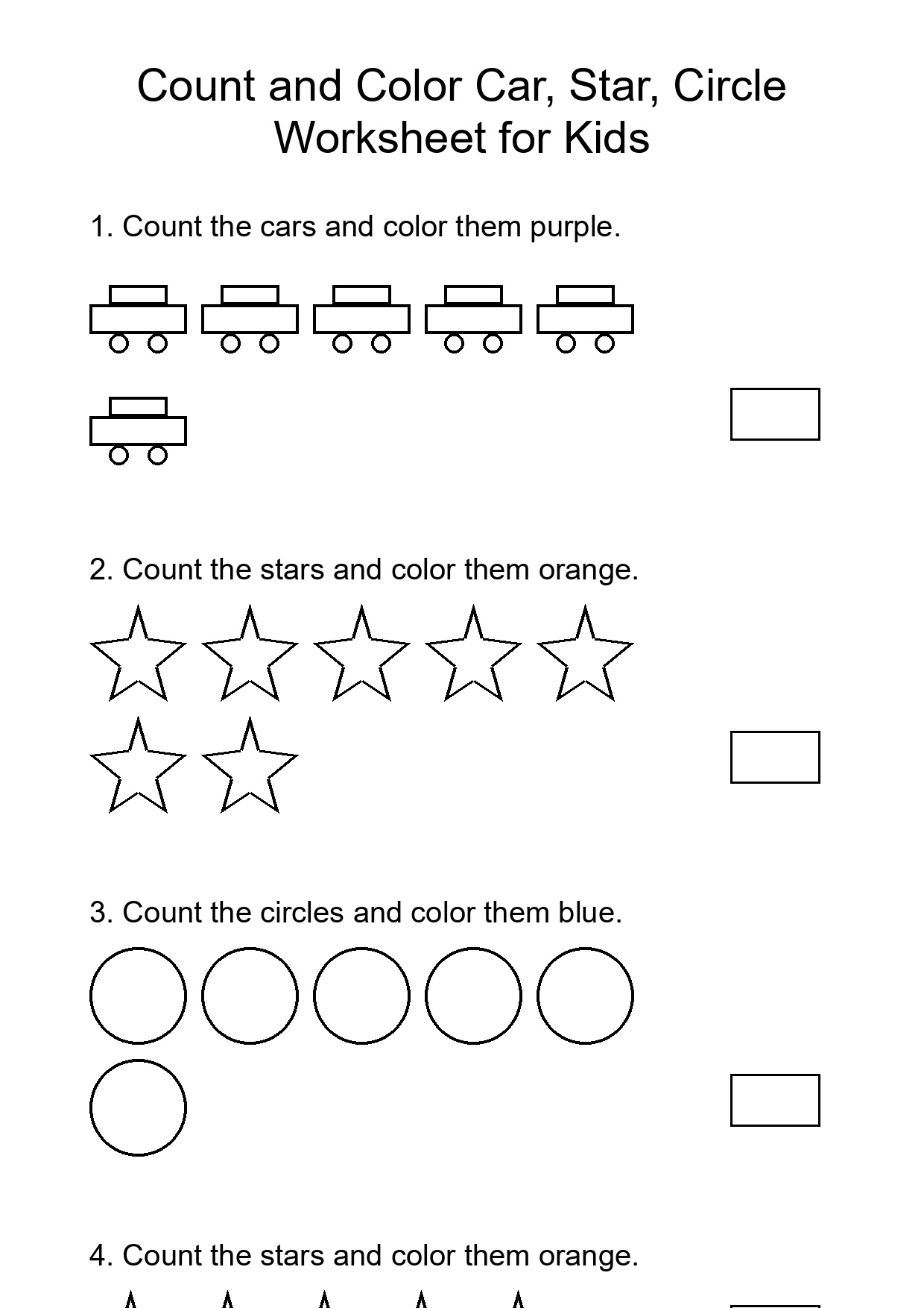 Count and Color Car, Star, Circle Worksheet for Kids