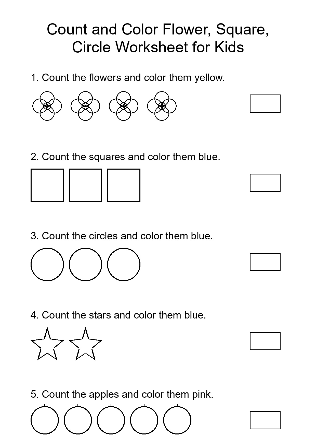 Count and Color Flower, Square, Circle Worksheet for Kids