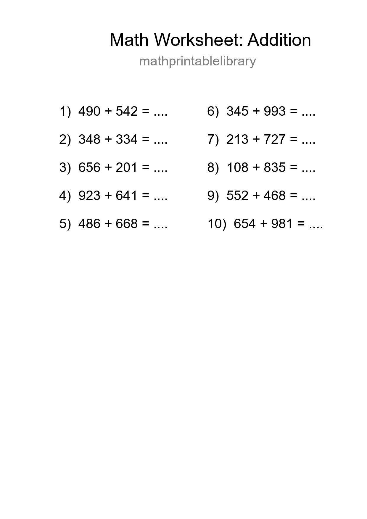 Free 10 Addition Math Worksheet For Grade 5 - Part 67
