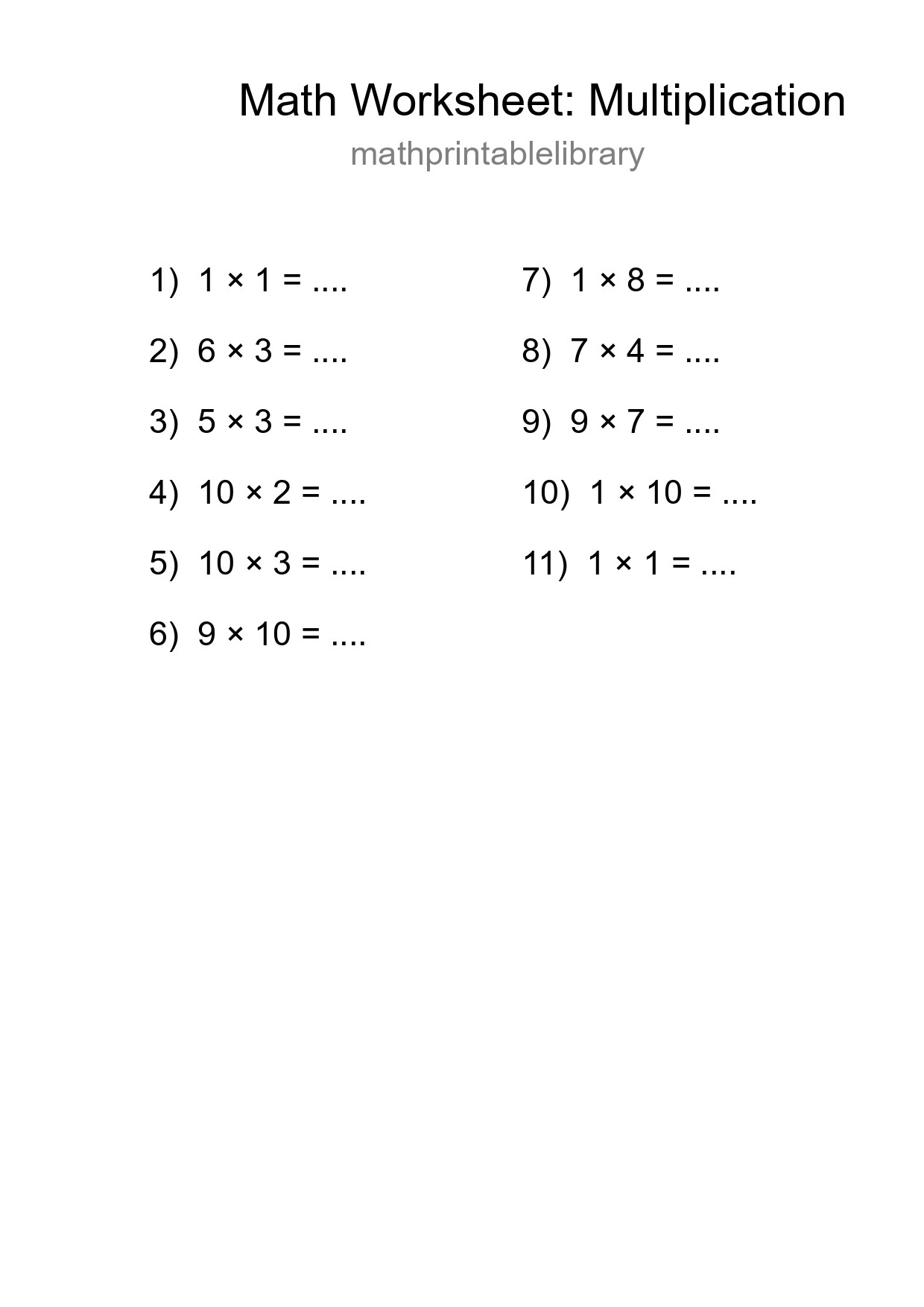 Free 11 Multiplication Math Worksheet For Grade 1 With Answers - Part 62