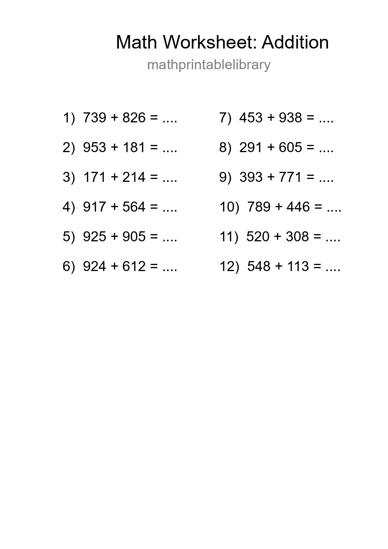 Free 12 Addition Math Worksheet For Grade 5 - Part 12