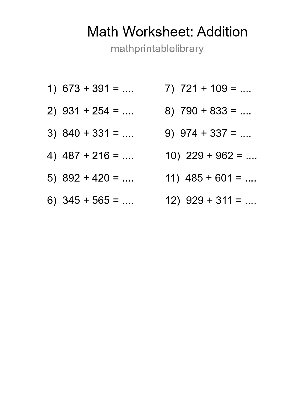 Free 12 Addition Math Worksheet For Grade 5 - Part 155