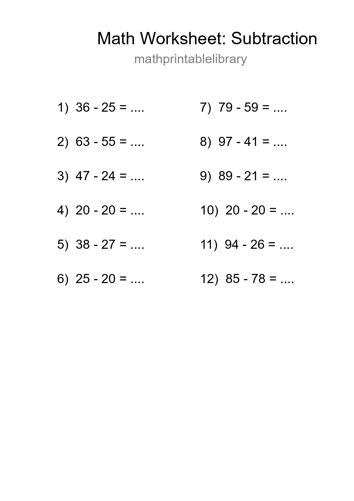 Free 12 Subtraction Math Worksheet For Grade 3 With Answers - Part 52