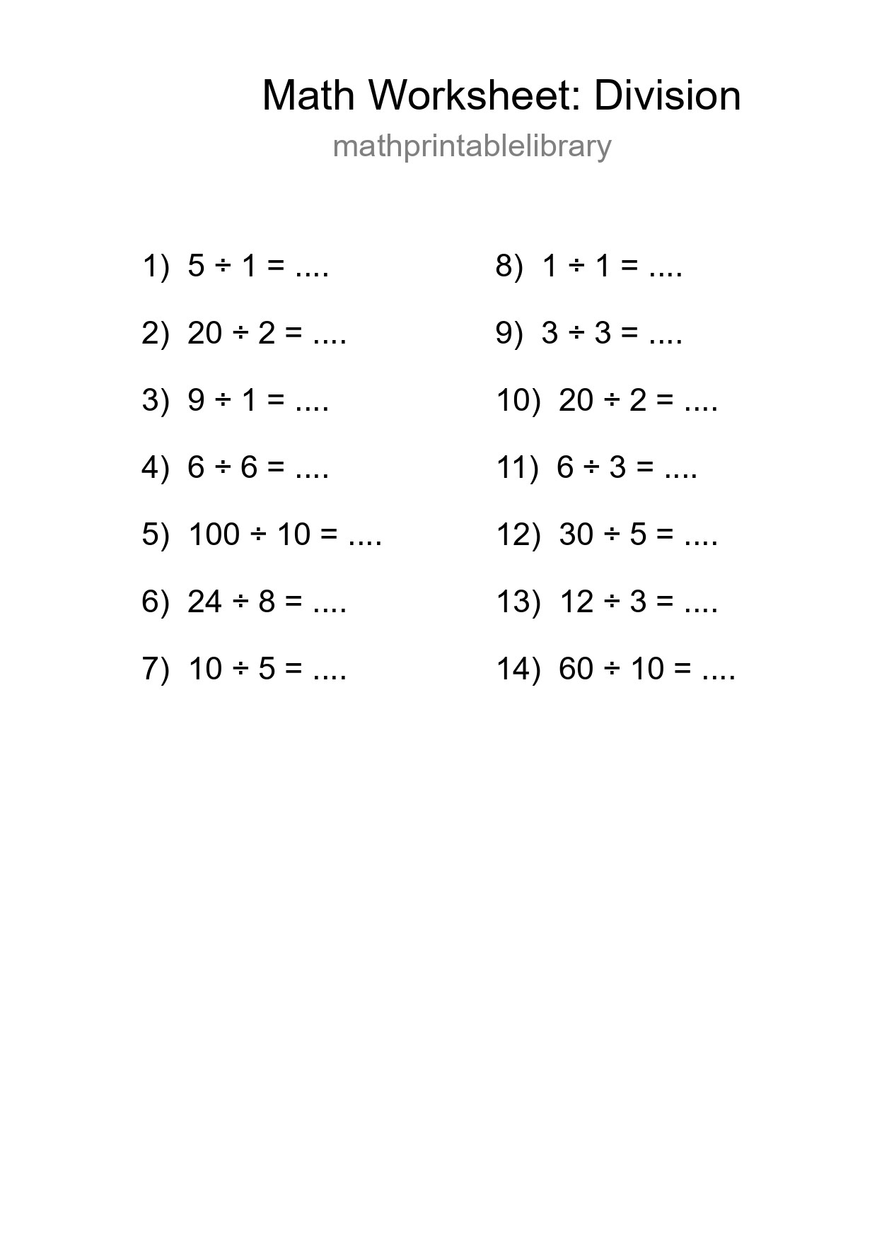 Free 14 Division Math Worksheet For Grade 1 - Part 191