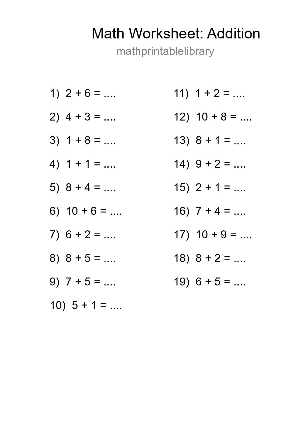 Free 19 Addition Math Worksheet For Grade 1 With Answers - Part 133