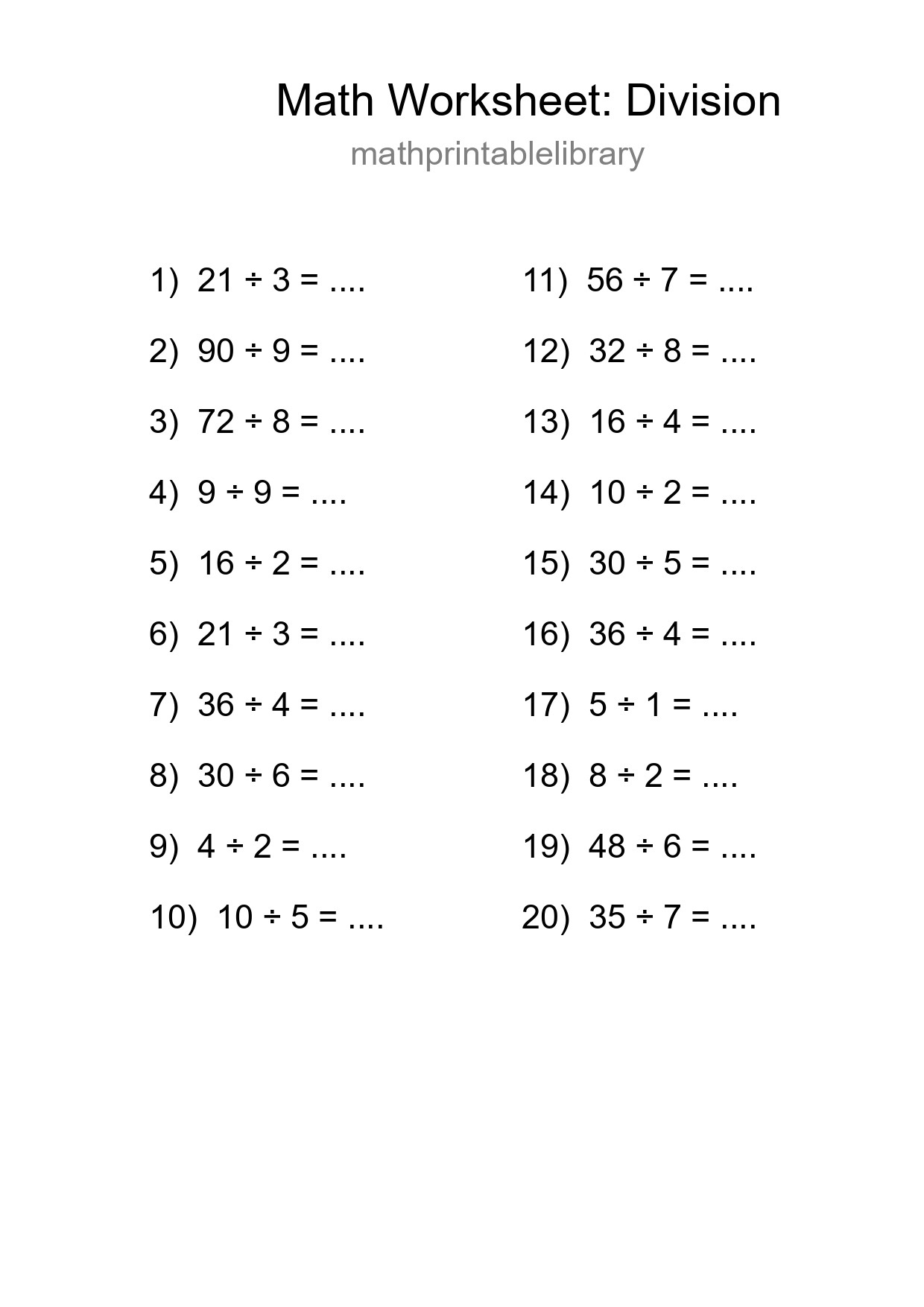 Free 20 Division Math Worksheet For Grade 1 - Part 114