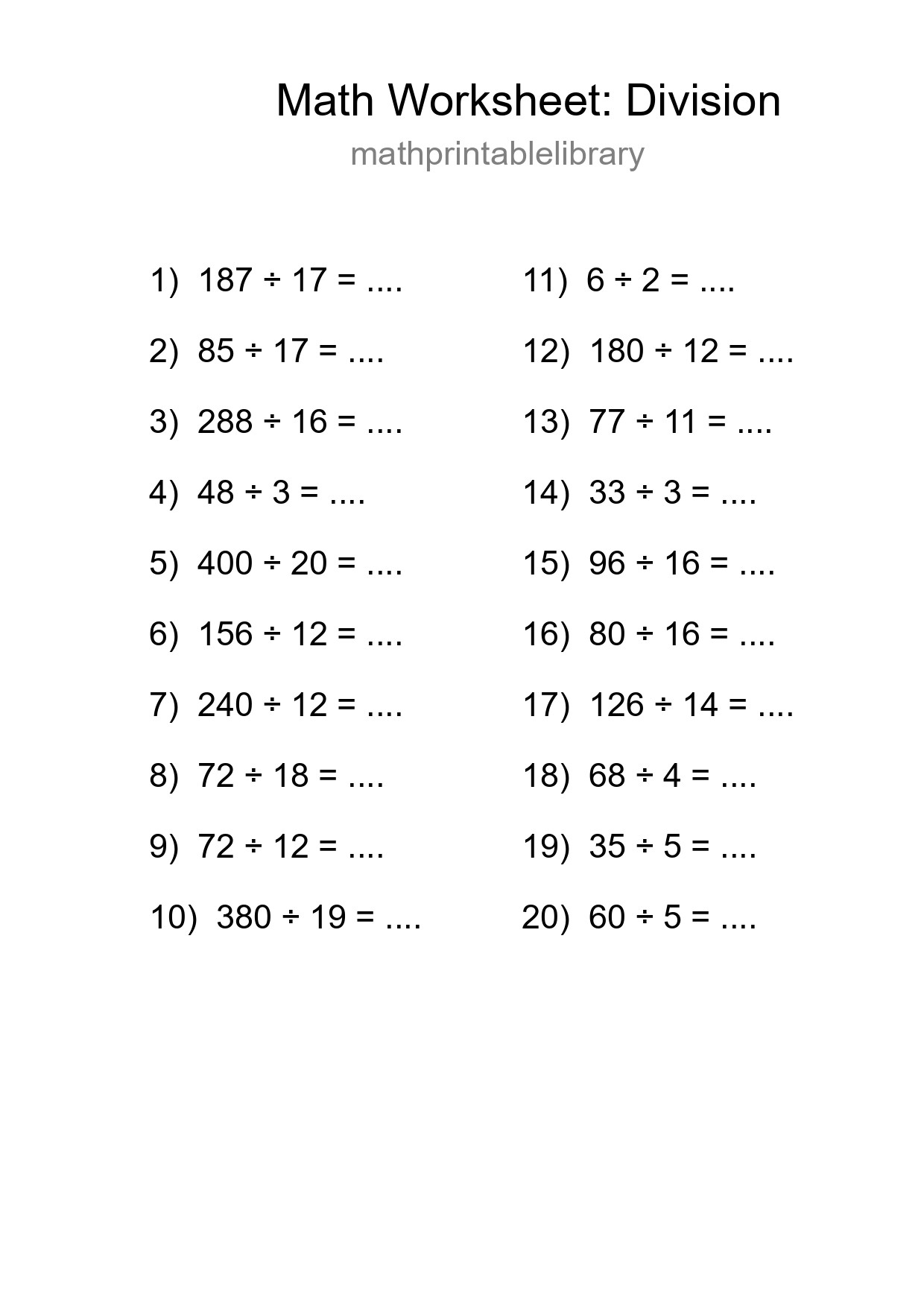 Free 20 Division Math Worksheet For Grade 2 With Answers - Part 180