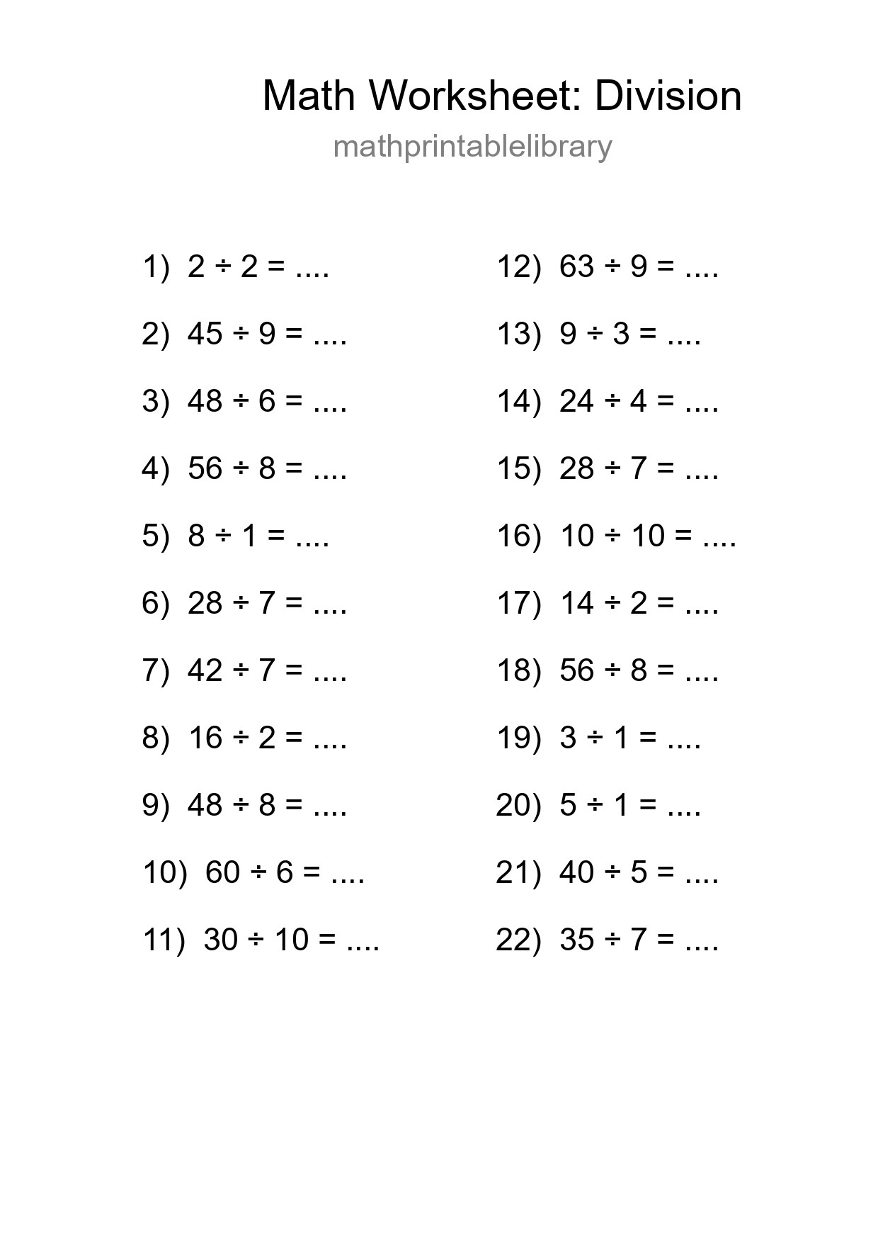 Free 22 Division Math Worksheet For Grade 1 - Part 48