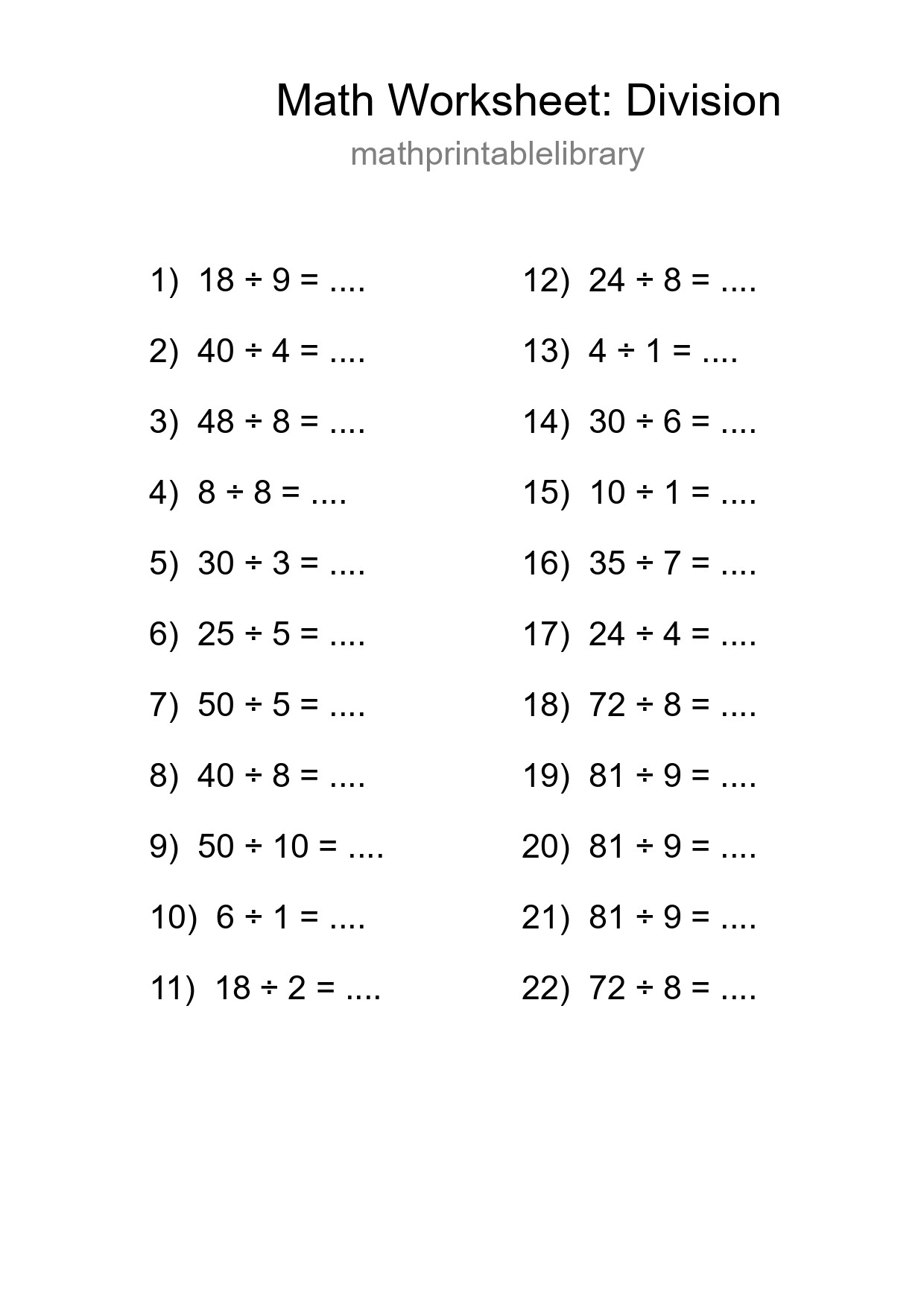 Free 22 Division Math Worksheet For Grade 1 With Answers - Part 213