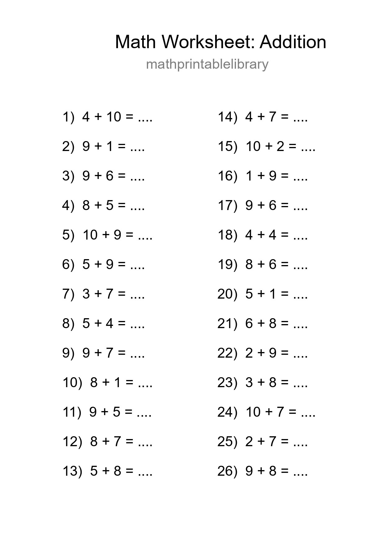 Free 26 Addition Math Worksheet For Grade 1 - Part 56