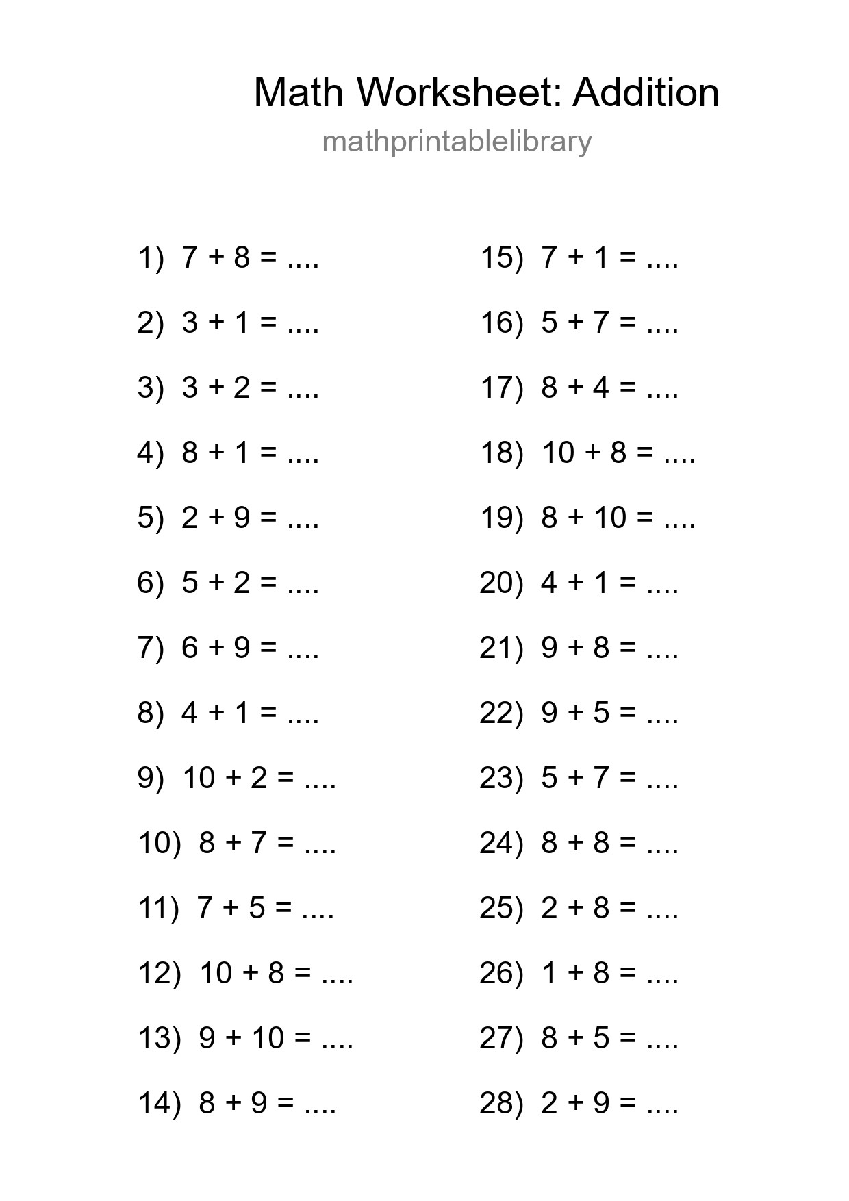 Free 28 Addition Math Worksheet For Grade 1 - Part 144