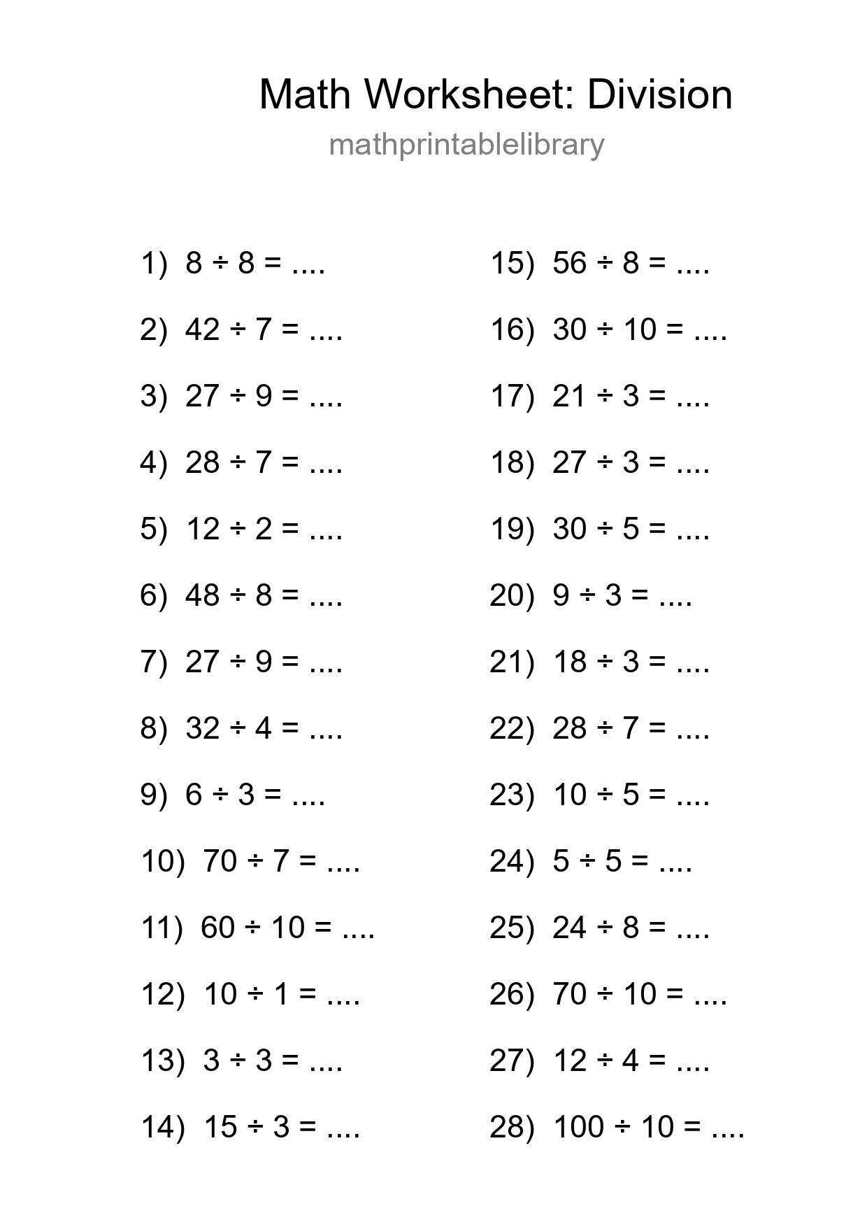 Free 28 Division Math Worksheet For Grade 1 - Part 103