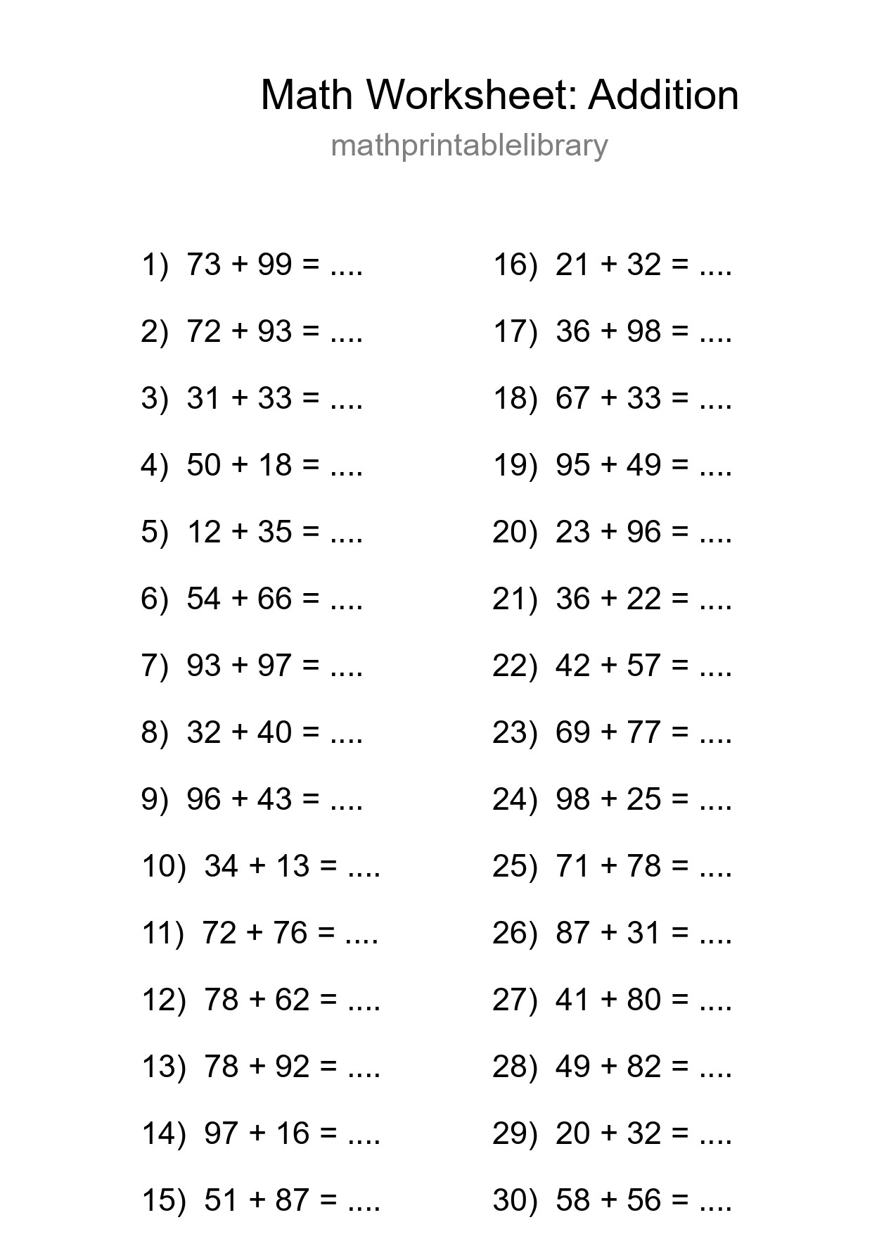 Free 30 Addition Math Worksheet For Grade 3 - Part 122