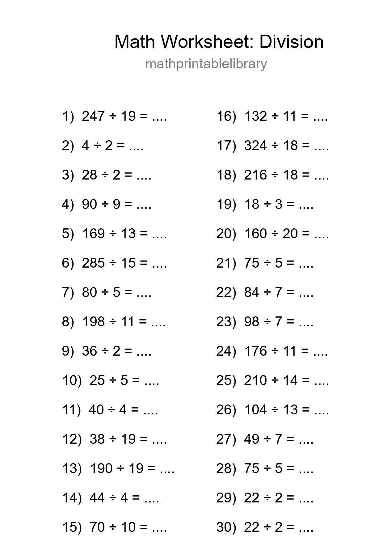 Free 30 Division Math Worksheet For Grade 2 With Answers - Part 268