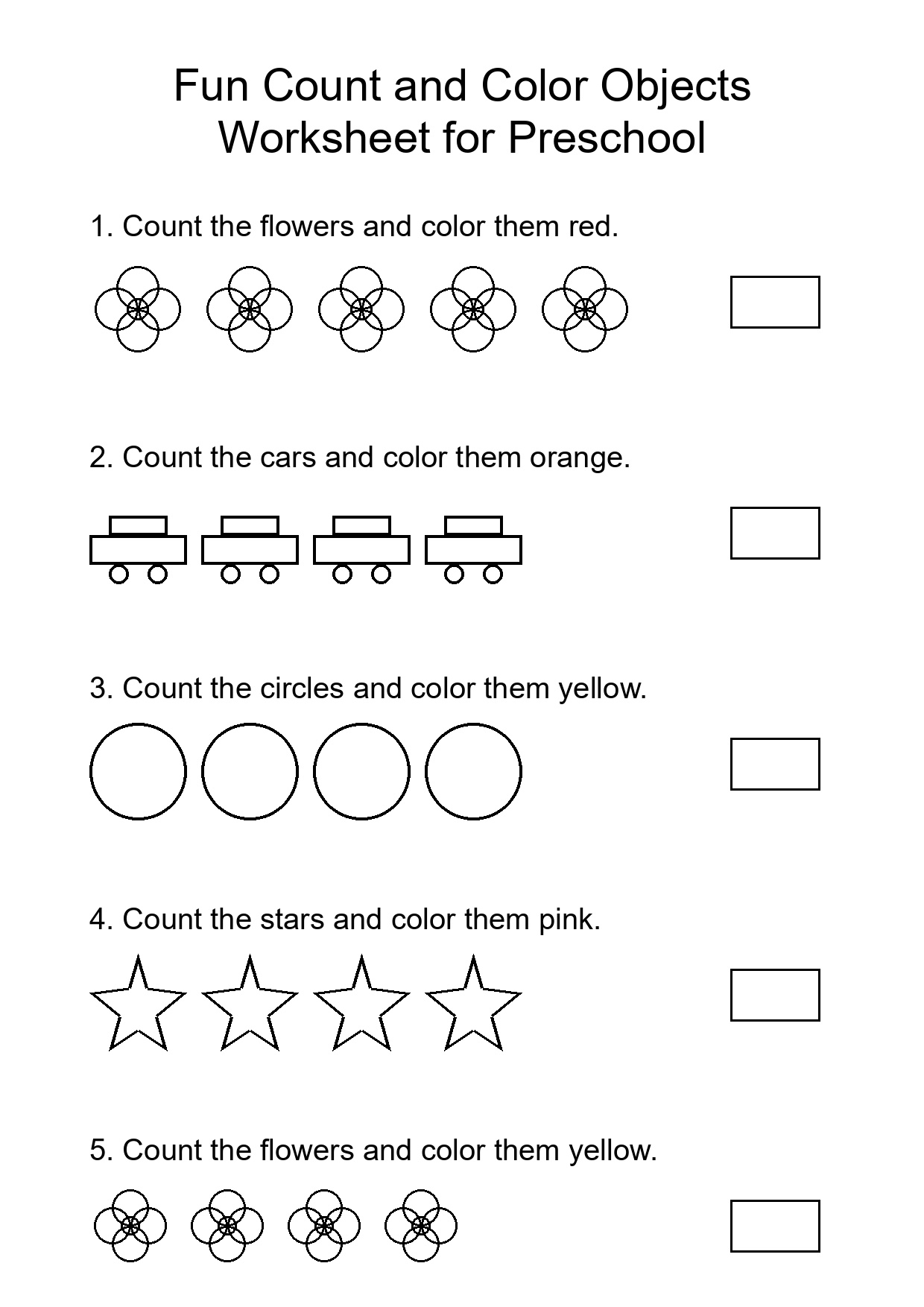 Fun Count and Color Objects Worksheet for Preschool