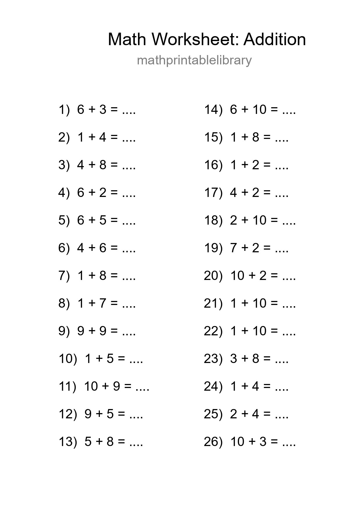 Grade 1 Addition Practice Worksheet (26 Problems) - Part 232