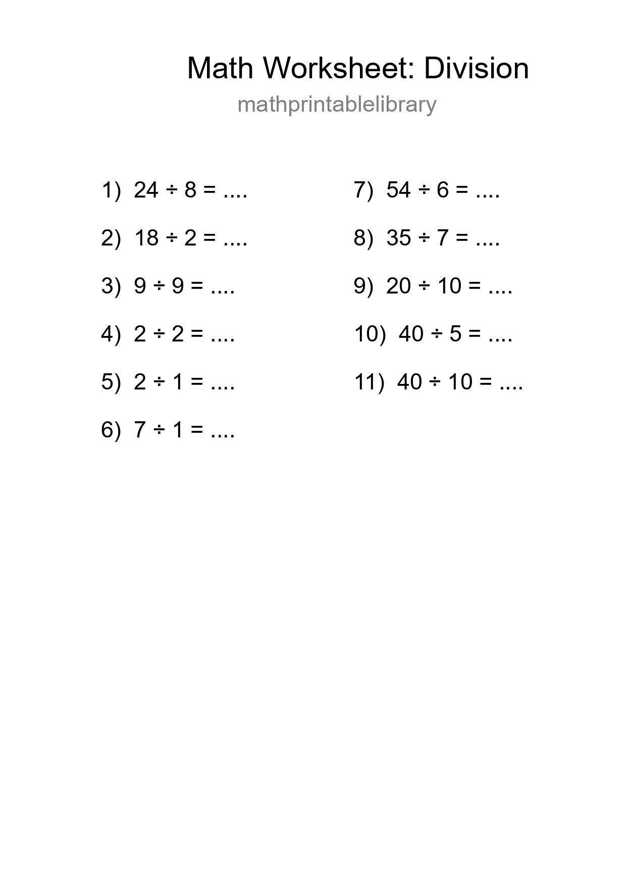 Grade 1 Division Practice Worksheet (11 Problems) - Part 136