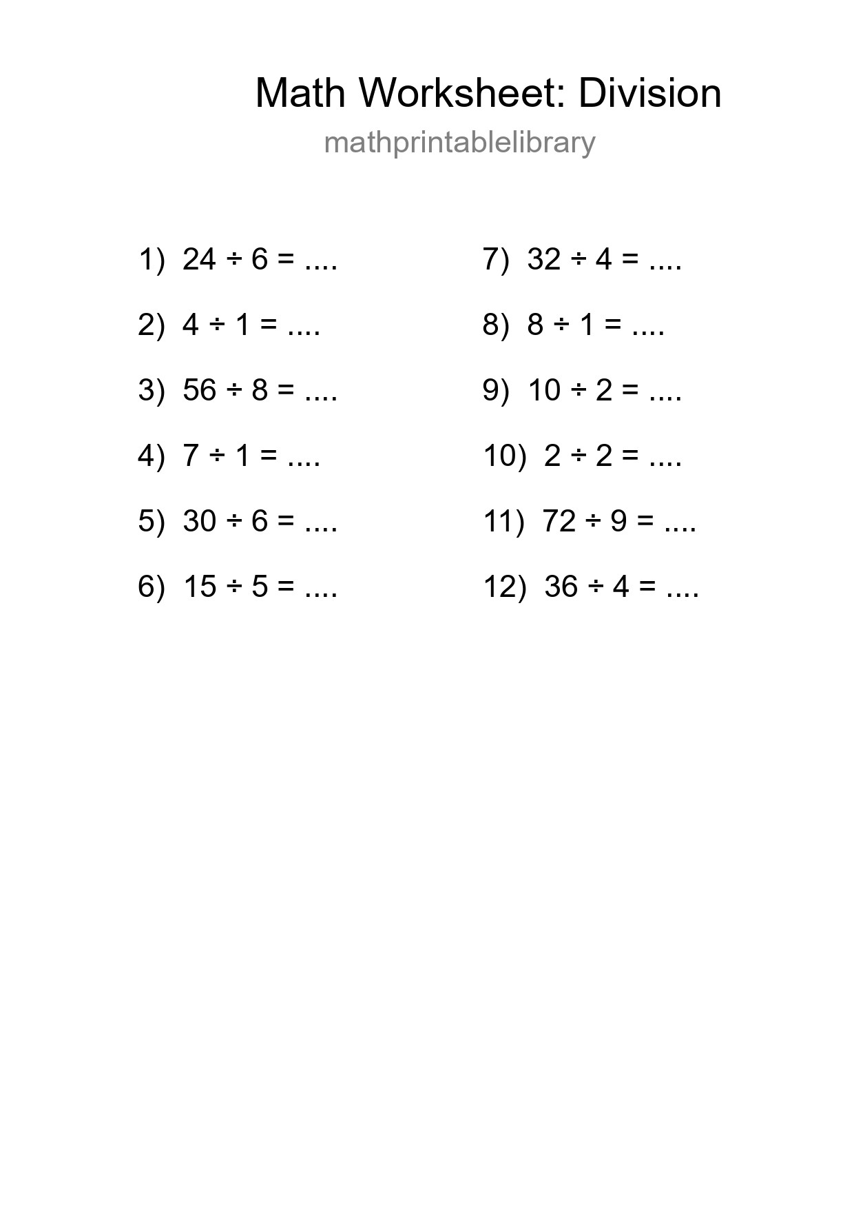 Grade 1 Division Practice Worksheet (12 Problems) - Part 202