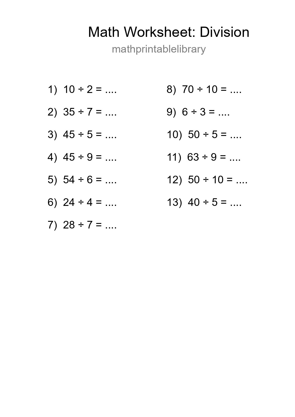 Grade 1 Division Practice Worksheet (13 Problems) - Part 224