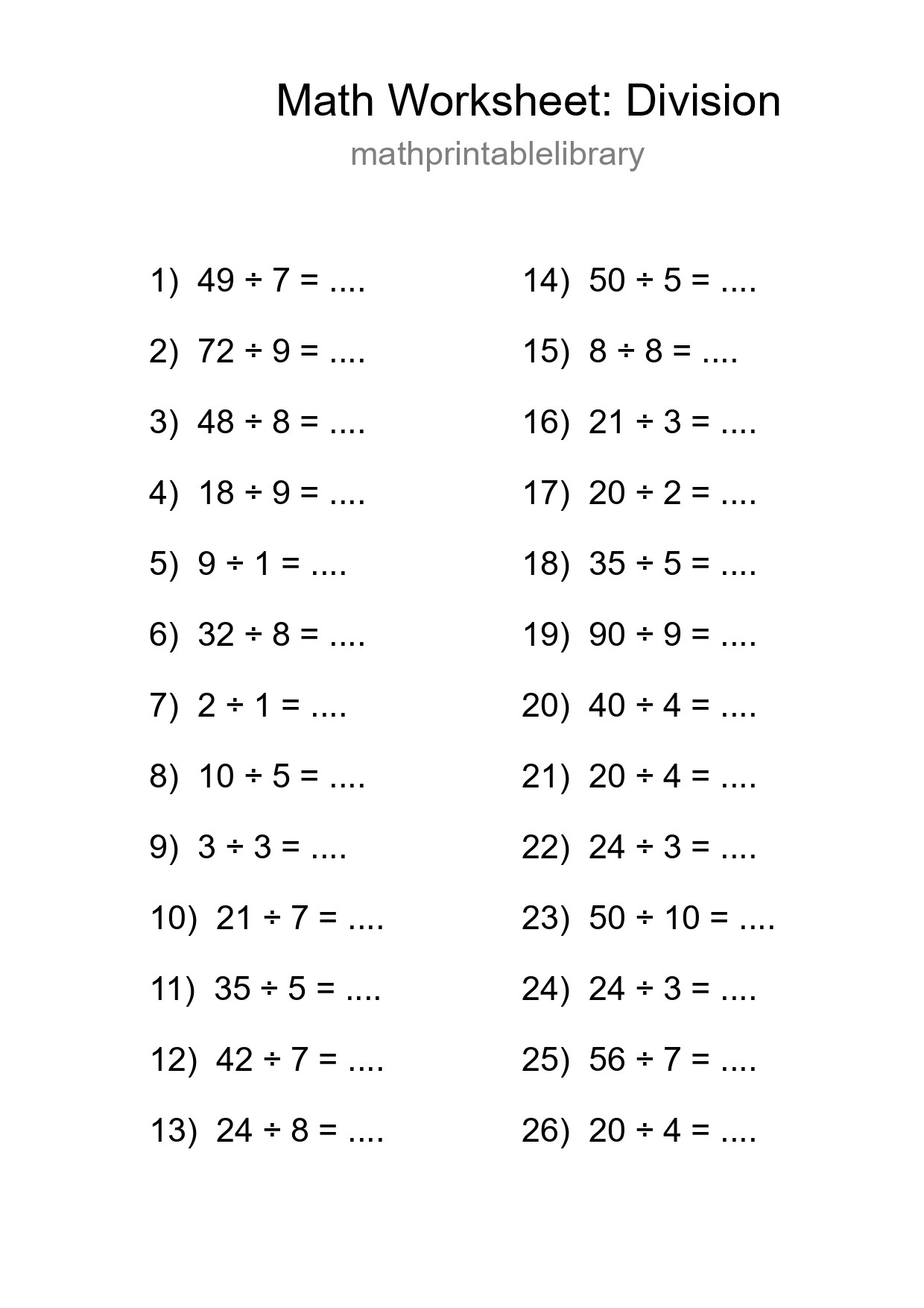 Grade 1 Division Practice Worksheet (26 Problems) - Part 4