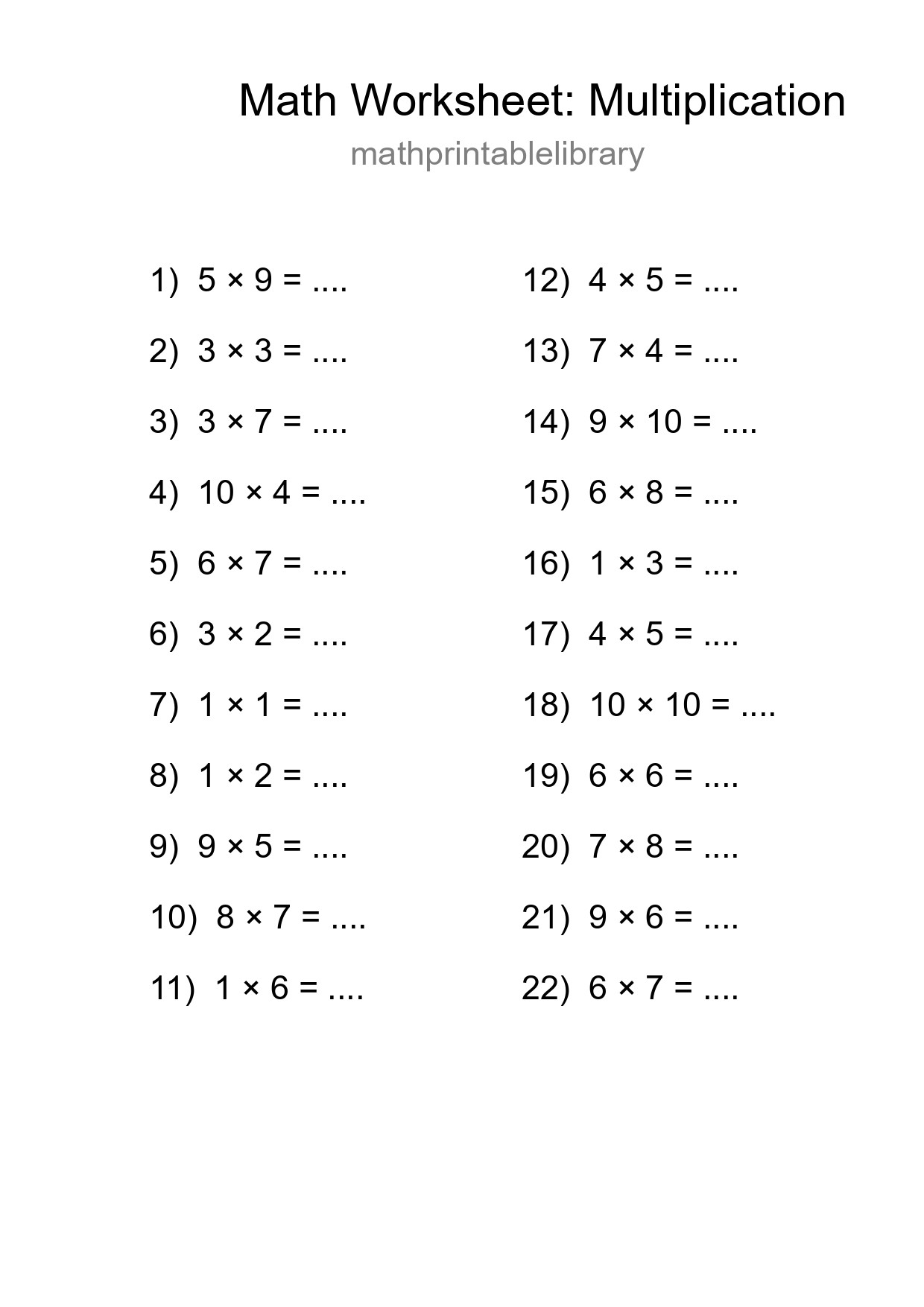 Grade 1 Multiplication Practice Worksheet (22 Problems) - Part 205