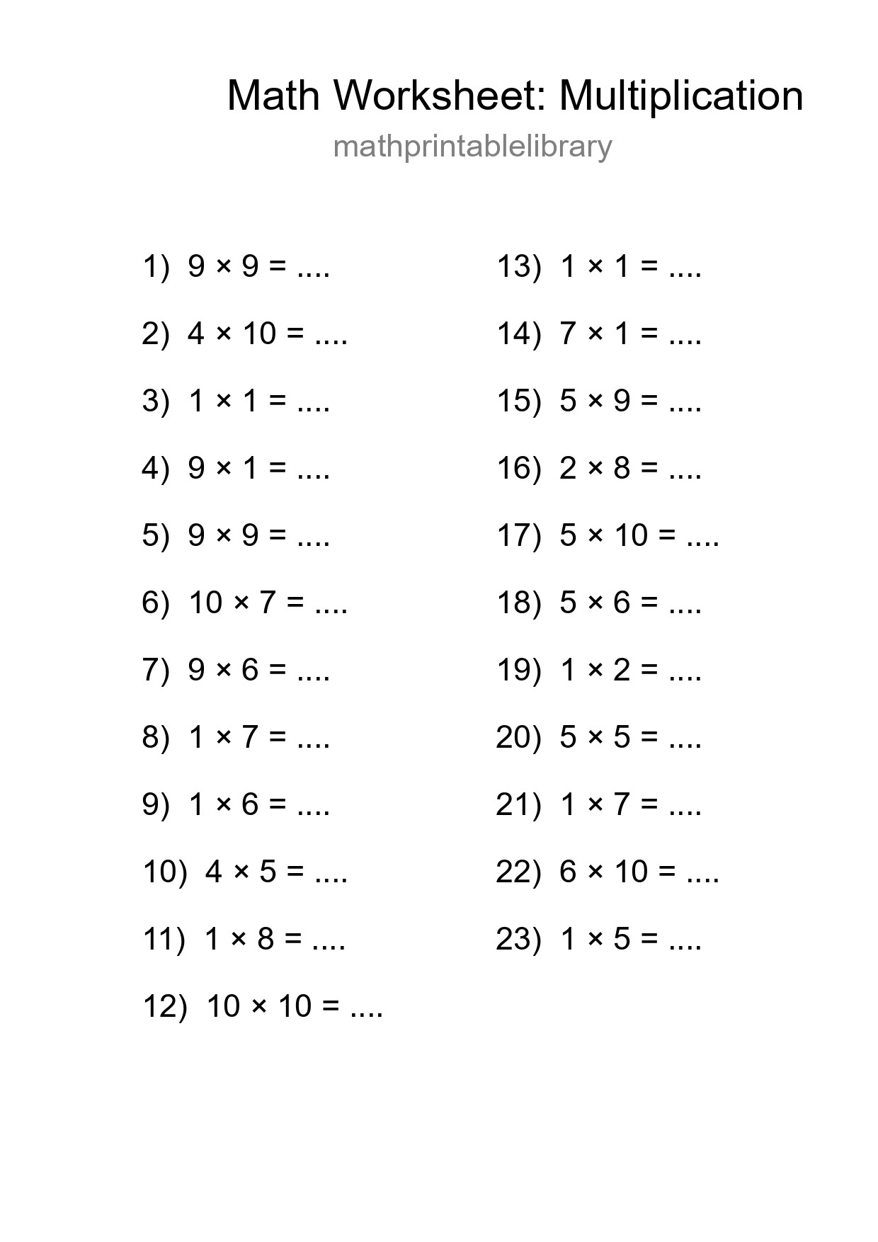 Grade 1 Multiplication Practice Worksheet (23 Problems) - Part 95