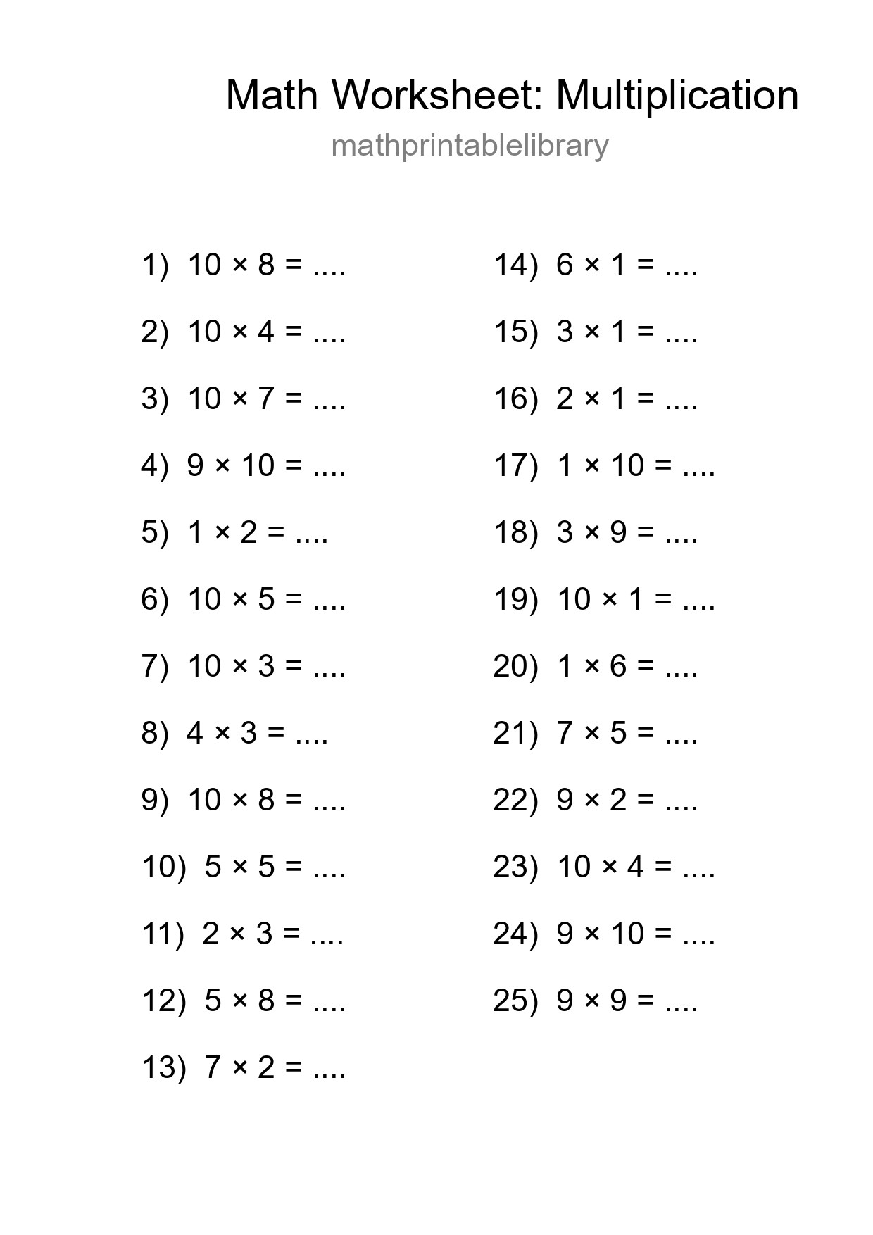 Grade 1 Multiplication Practice Worksheet (25 Problems) - Part 117