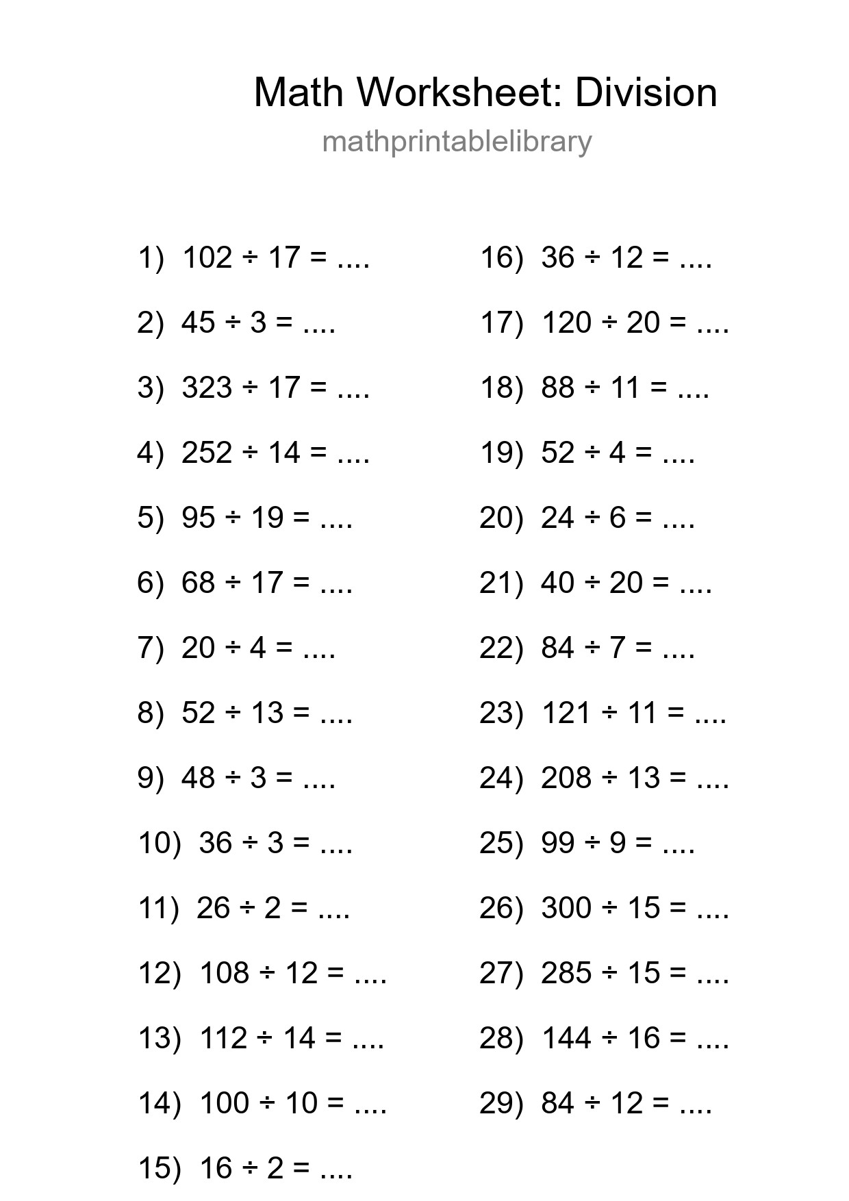 Grade 2 Division Practice Worksheet (29 Problems) - Part 290