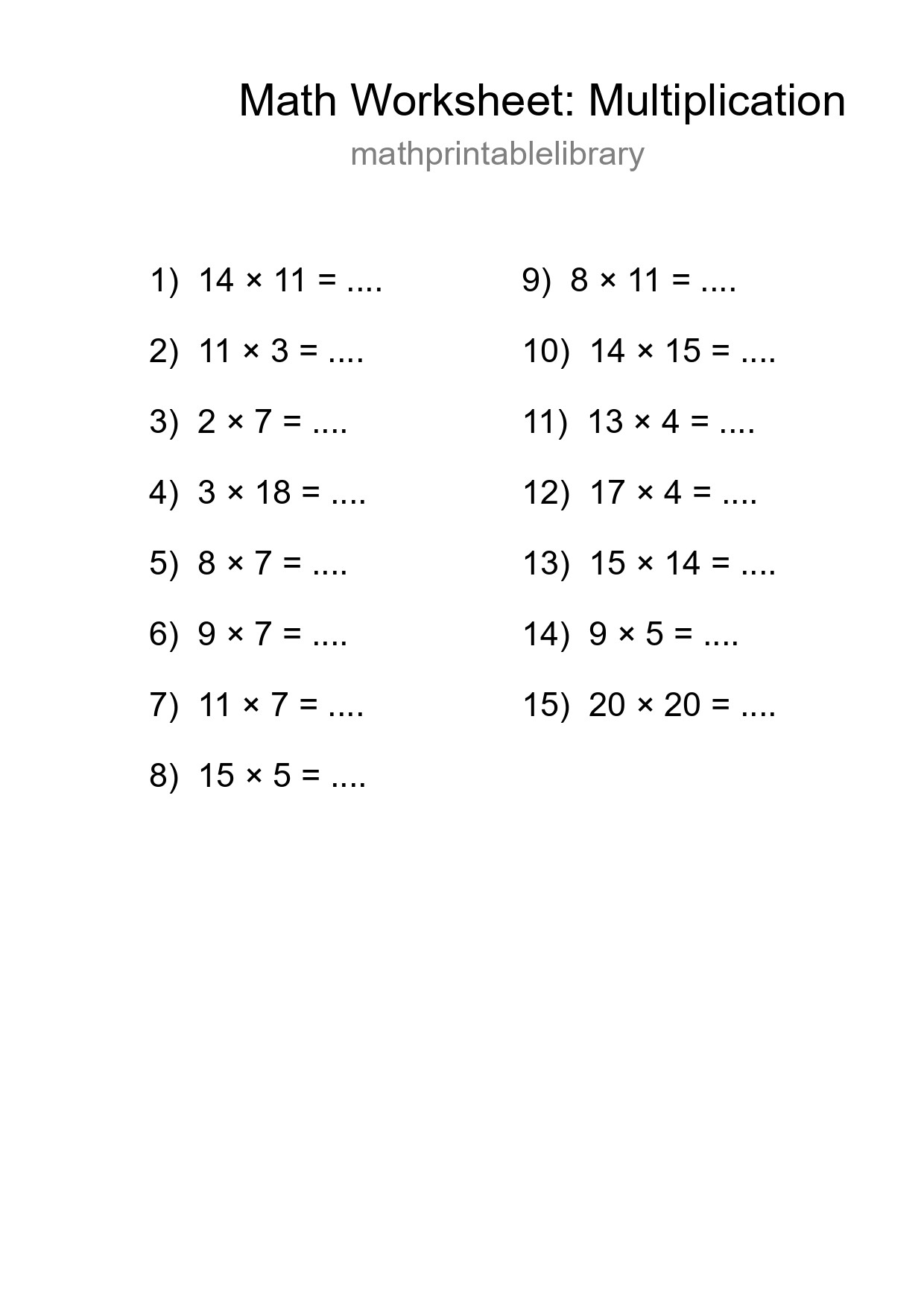 Grade 2 Multiplication Practice Worksheet (15 Problems) - Part 249