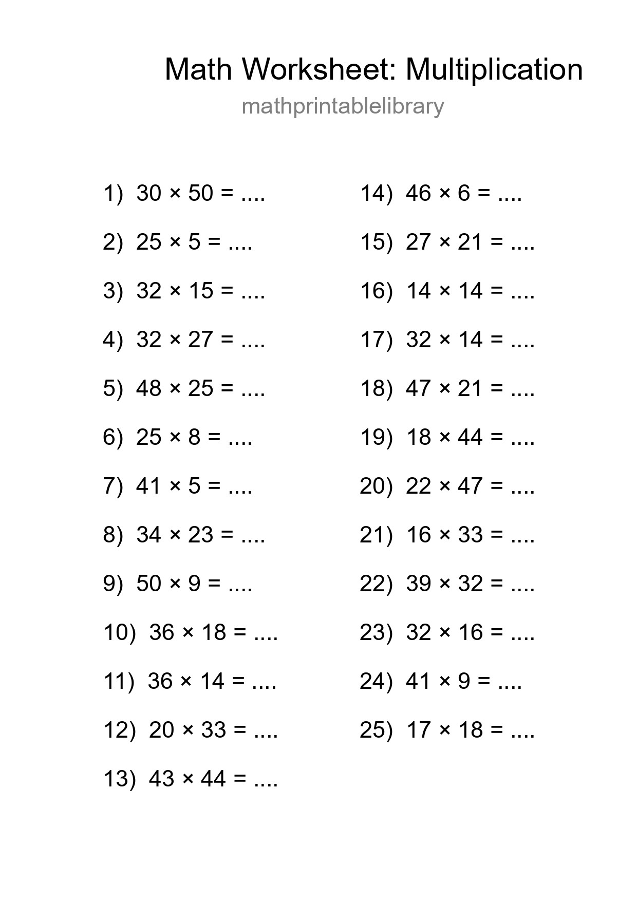 Grade 2 Multiplication Practice Worksheet (25 Problems) - Part 227
