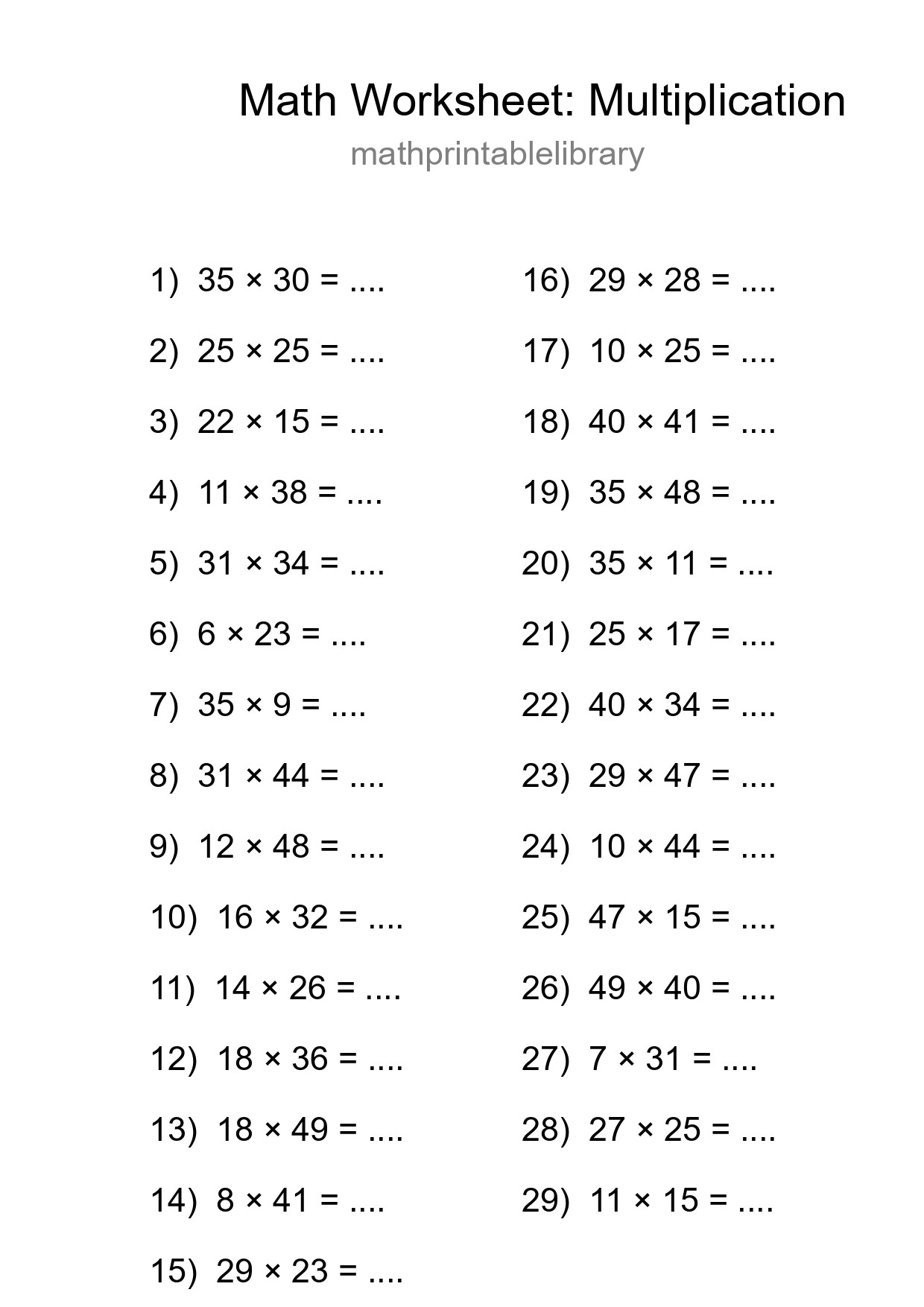 Grade 2 Multiplication Practice Worksheet (29 Problems) - Part 216