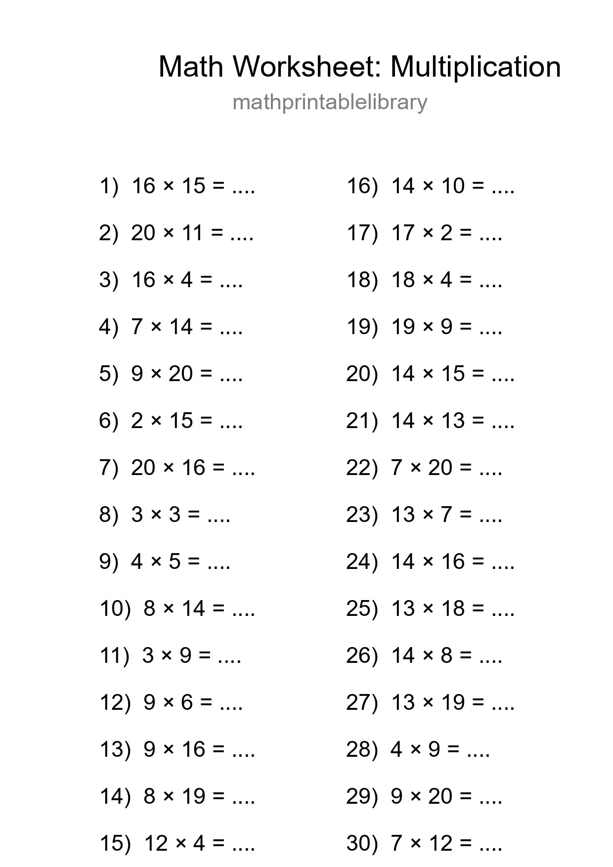 Grade 2 Multiplication Practice Worksheet (30 Problems) - Part 260