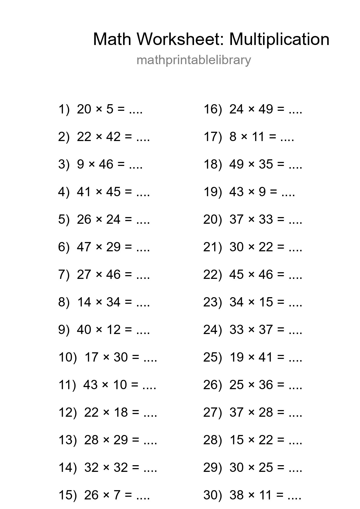 Grade 2 Multiplication Practice Worksheet (30 Problems) - Part 84