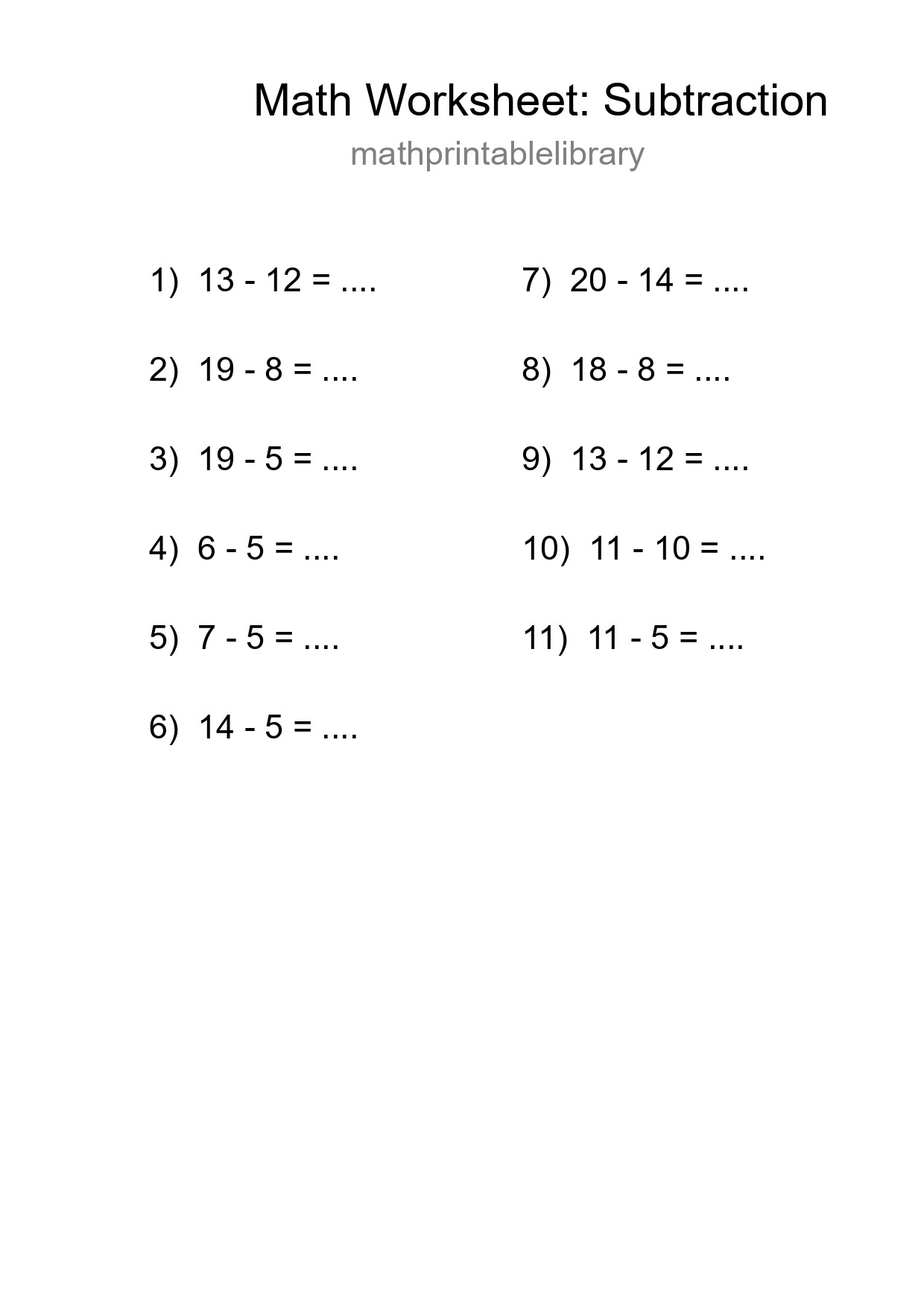 Grade 2 Subtraction Practice Worksheet (11 Problems) - Part 63