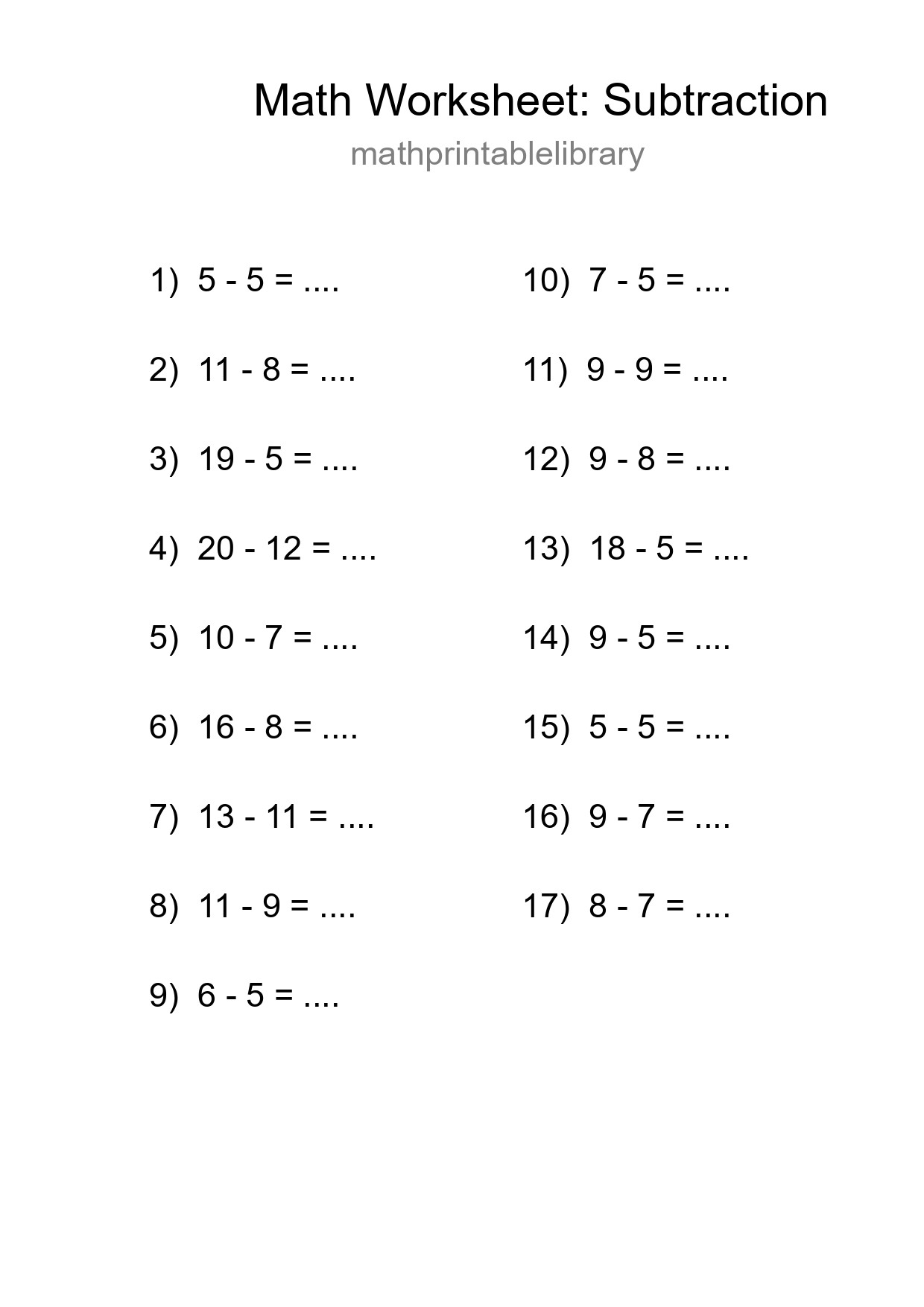Grade 2 Subtraction Practice Worksheet (17 Problems) - Part 239
