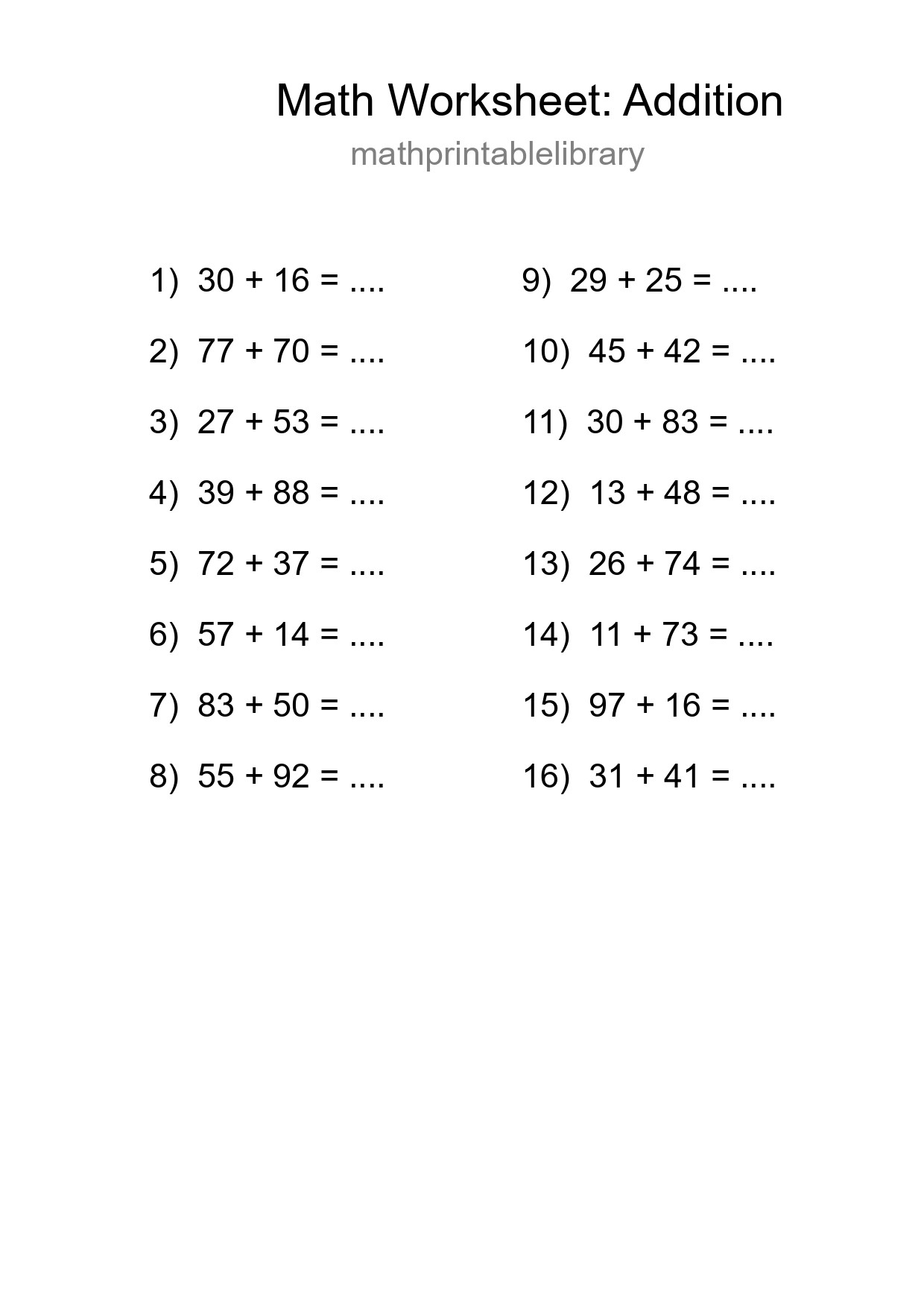 Grade 3 Addition Practice Worksheet (16 Problems) - Part 287